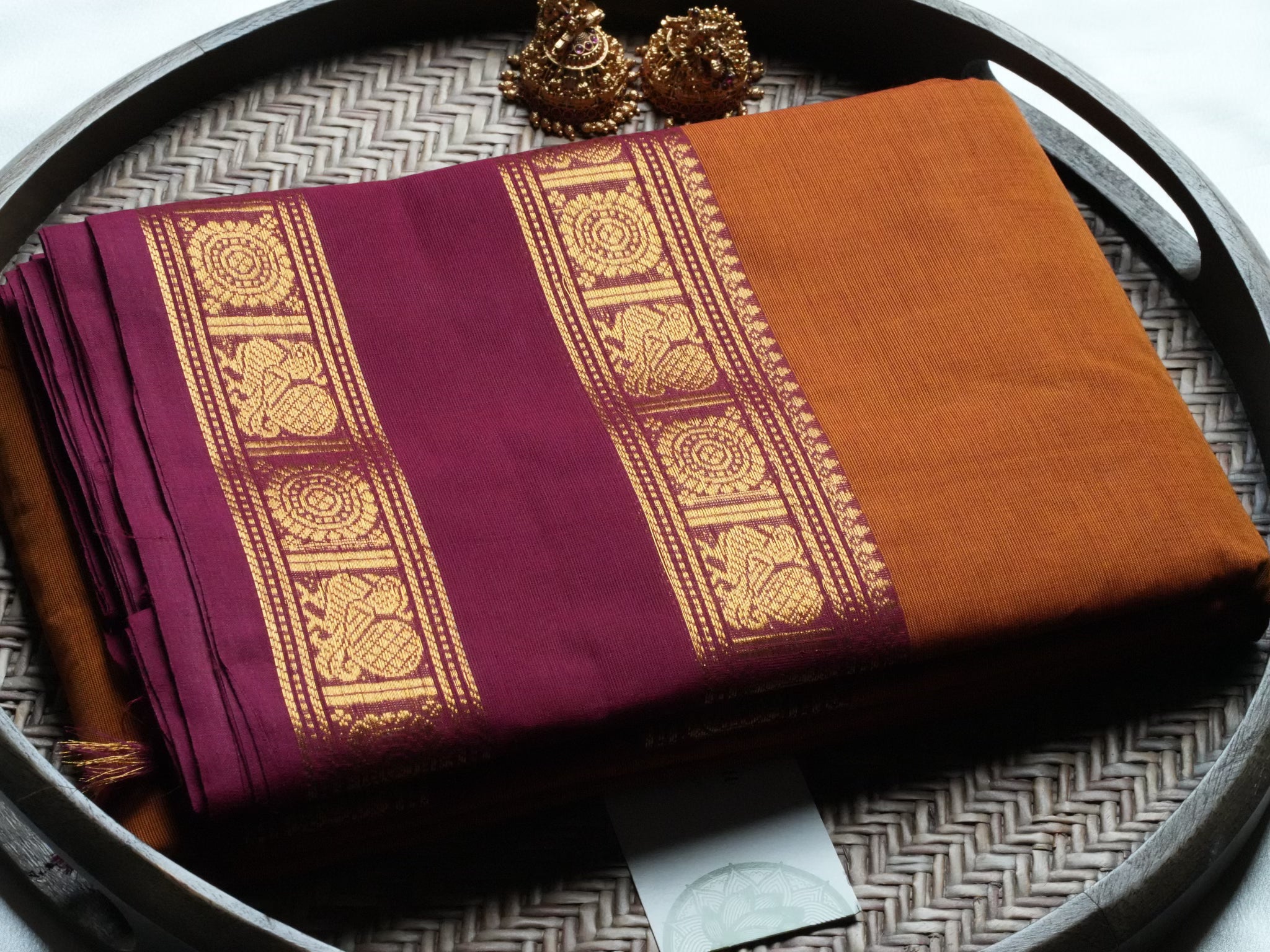 Designer Mustard Orange Kanchi Cotton Saree with Wine Annapakshi Border