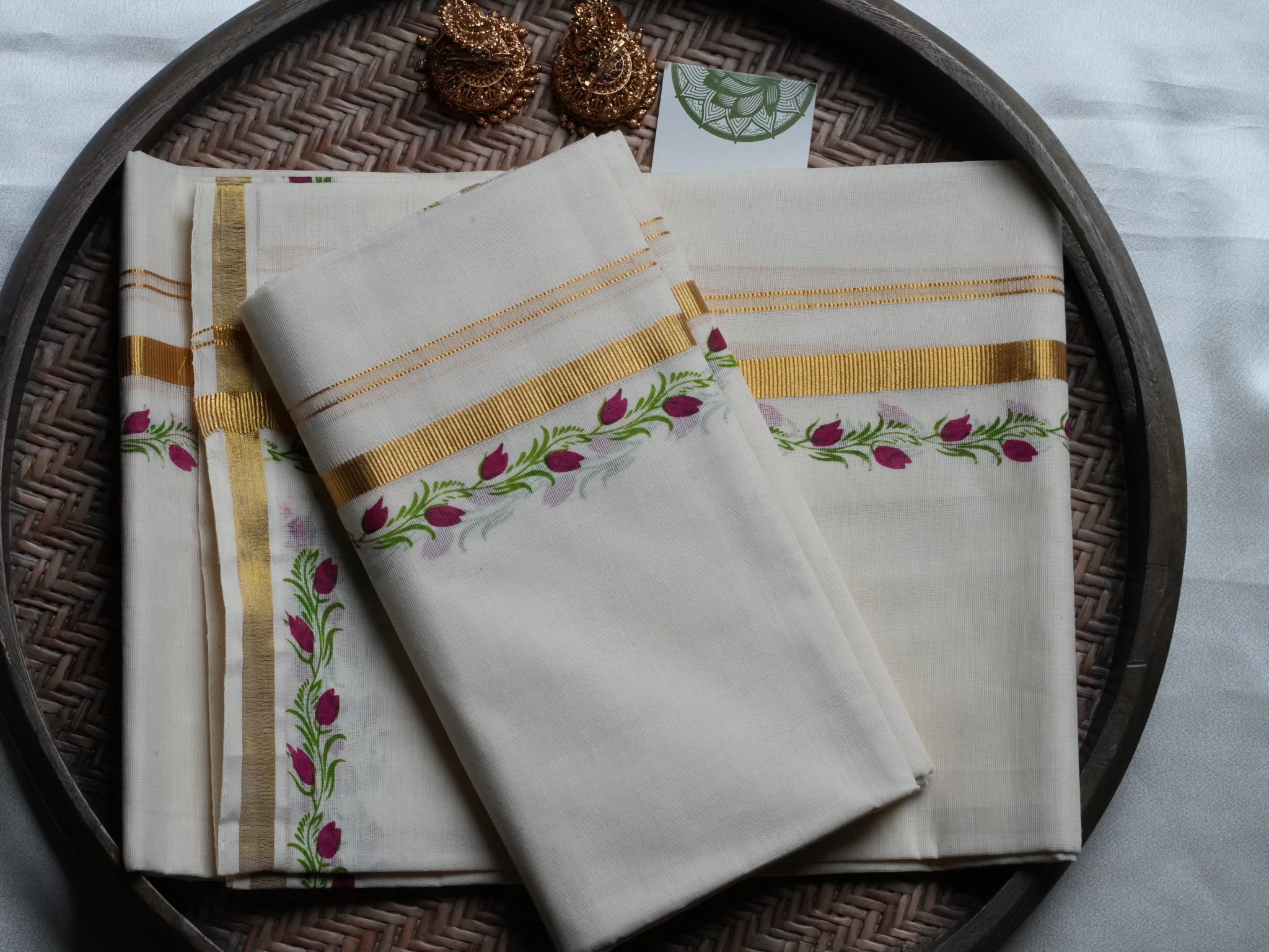 Hand-Painted Floral Kerala Set Mundu with blooming purple tulips and green leaves and Golden Kasavu Border