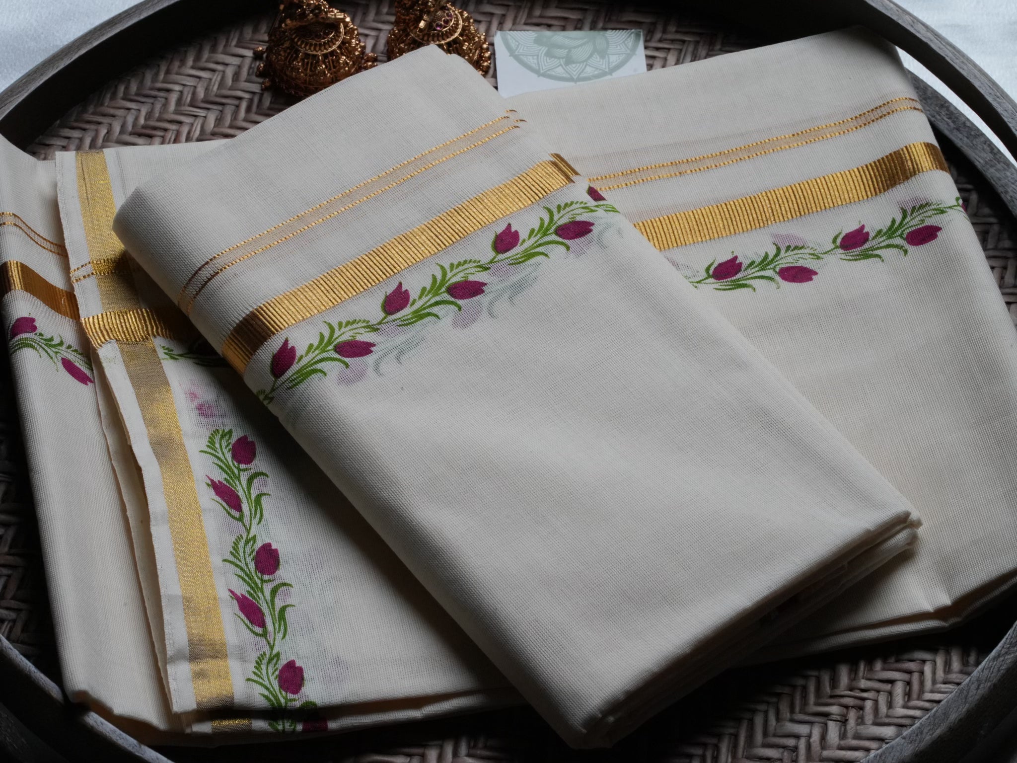 Hand-Painted Floral Kerala Set Mundu with blooming purple tulips and green leaves and Golden Kasavu Border