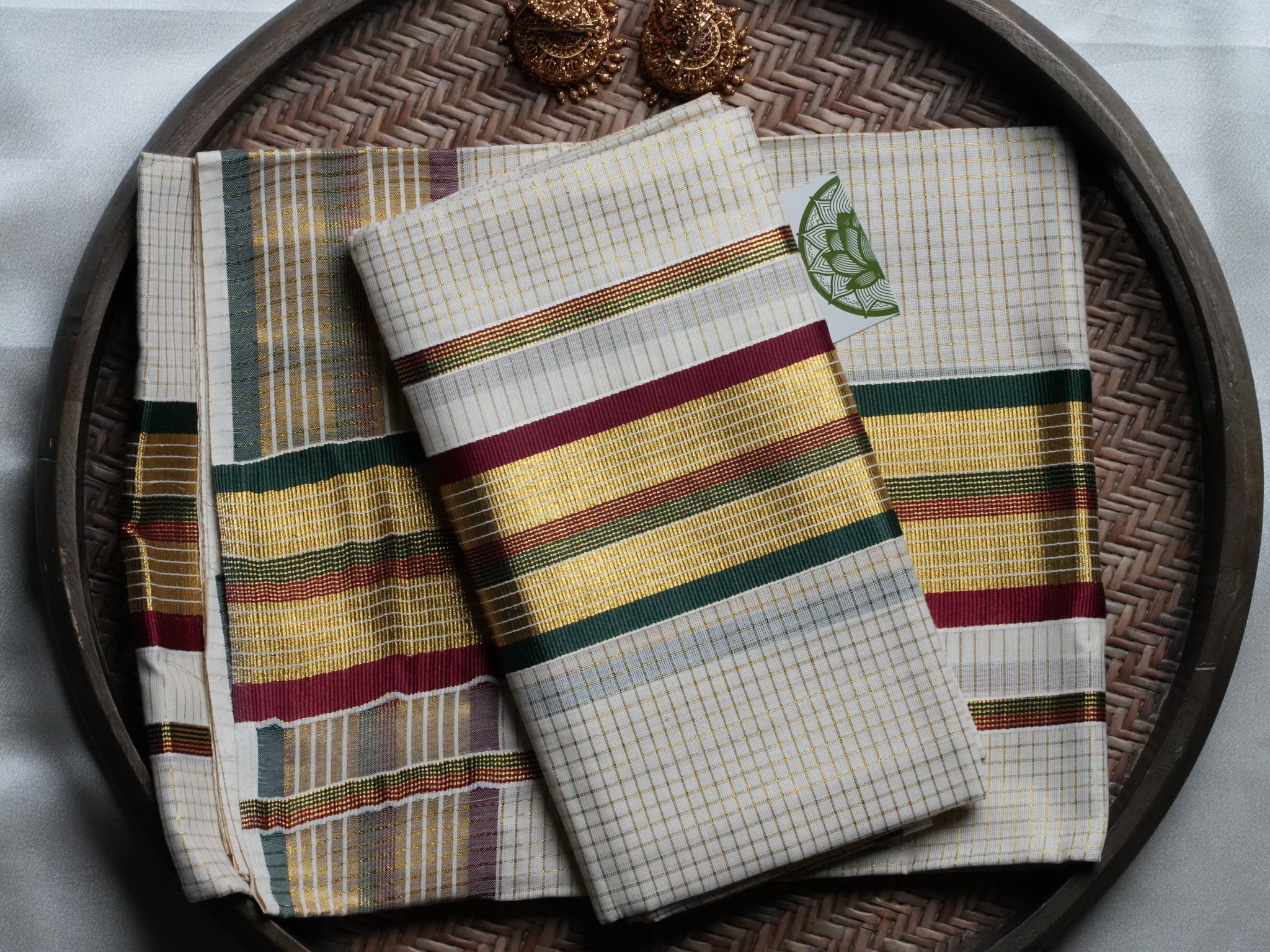 Designer Kerala Set Mundu with Multi-Color Stripes and Golden Zari