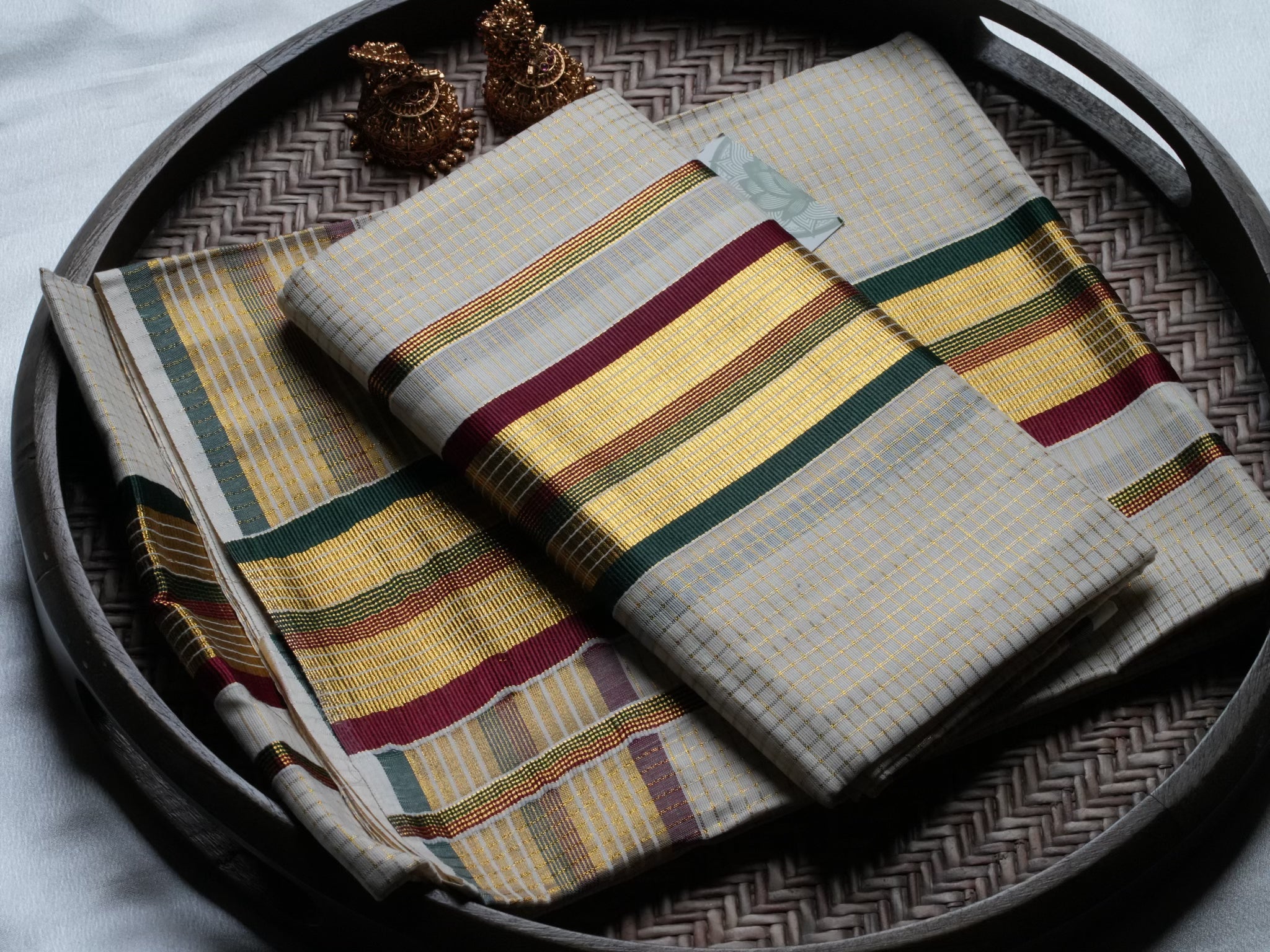 Designer Kerala Set Mundu with Multi-Color Stripes and Golden Zari