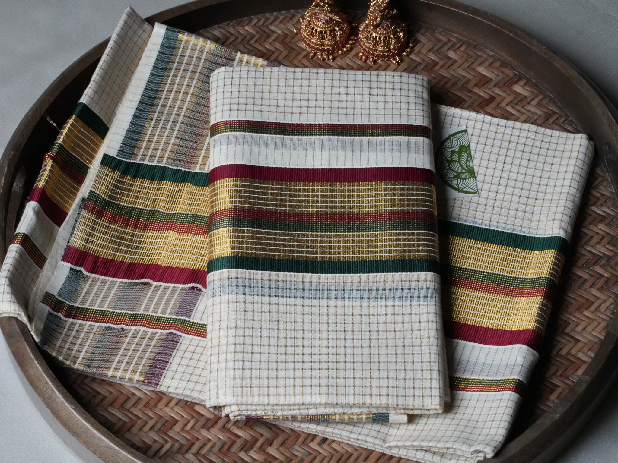 Designer Kerala Set Mundu with Multi-Color Stripes and Golden Zari