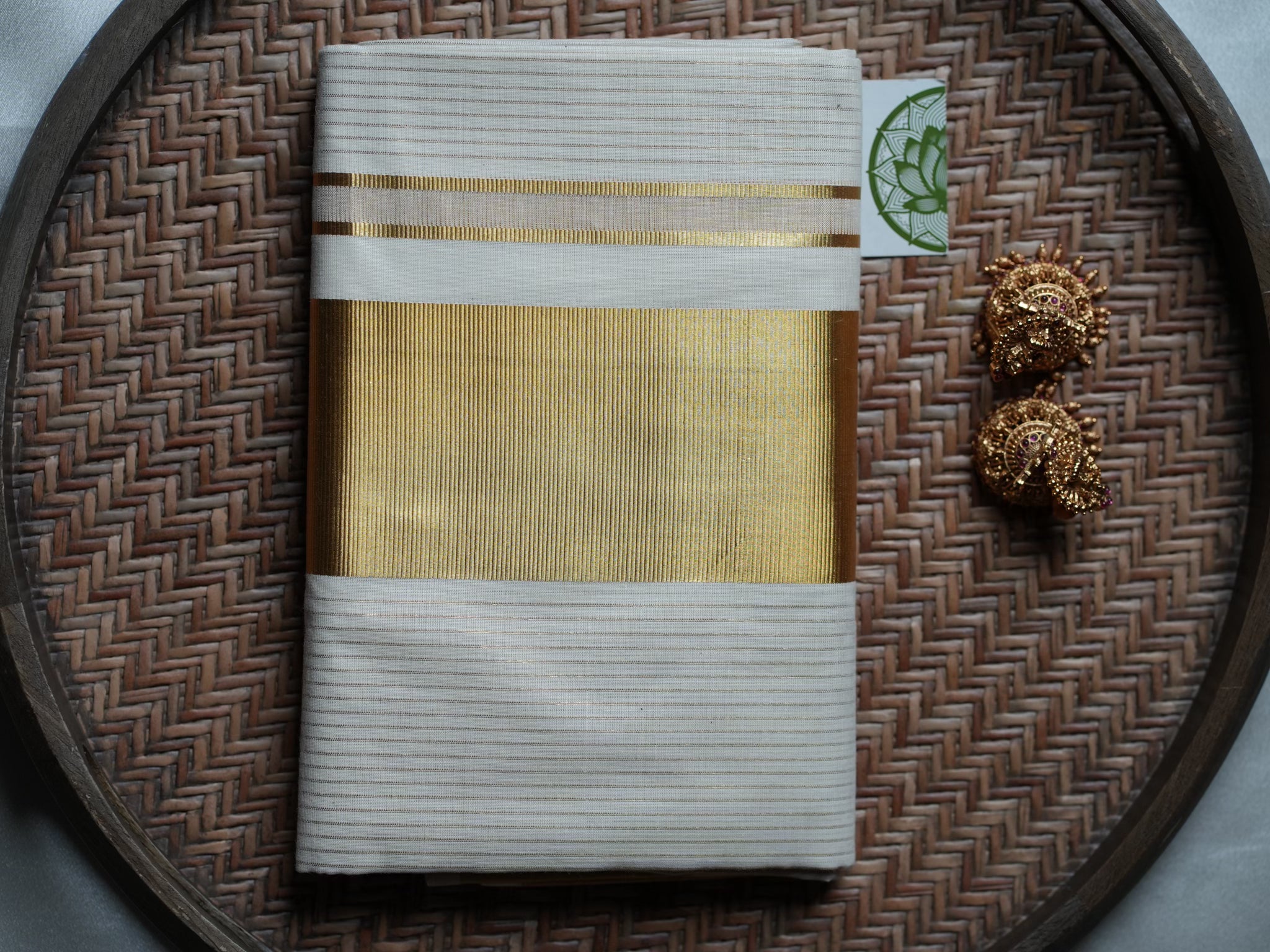 Traditional Off-White Kerala Set Mundu with Wide Golden Kasavu Border