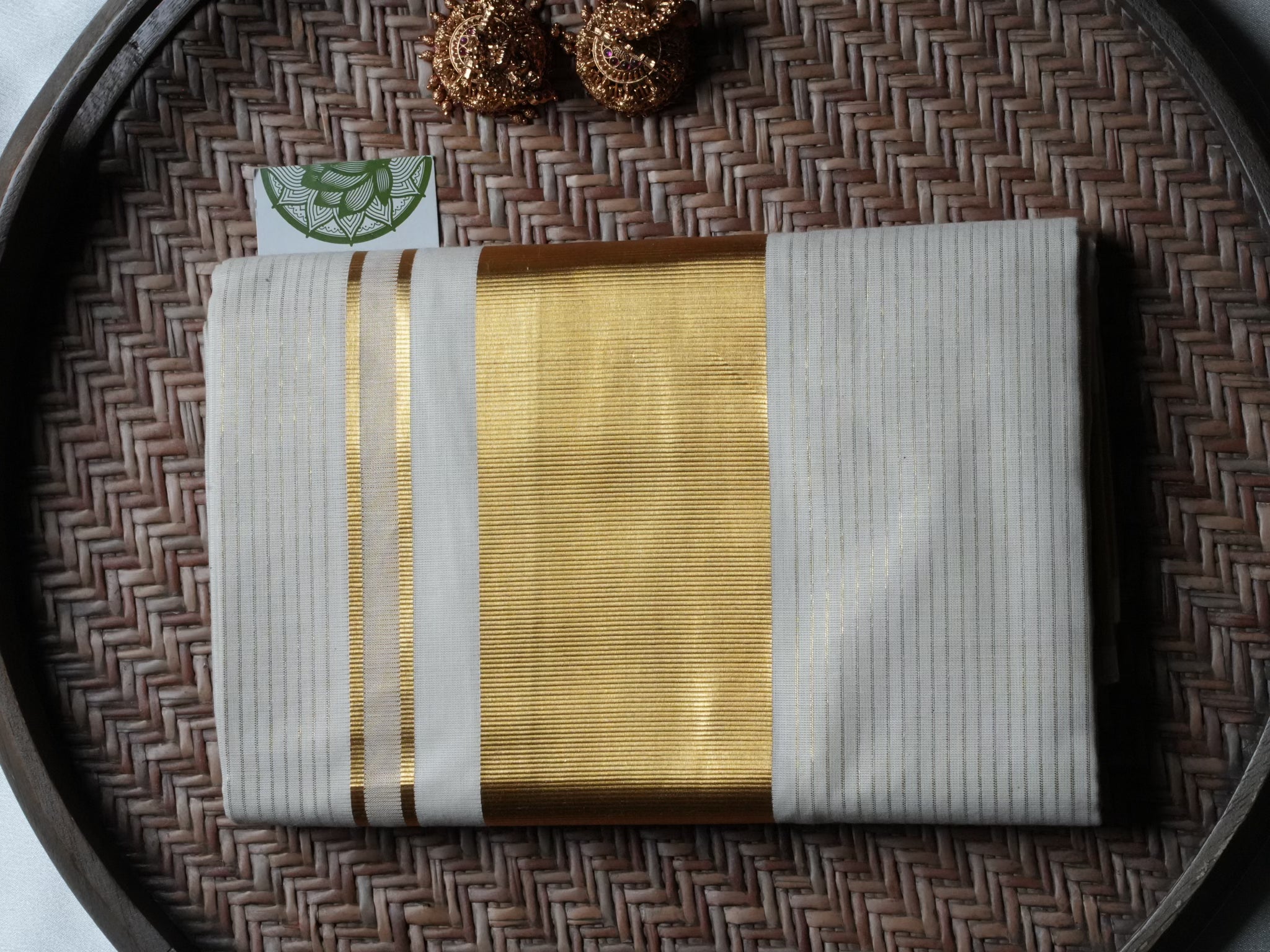 Traditional Off-White Kerala Set Mundu with Wide Golden Kasavu Border