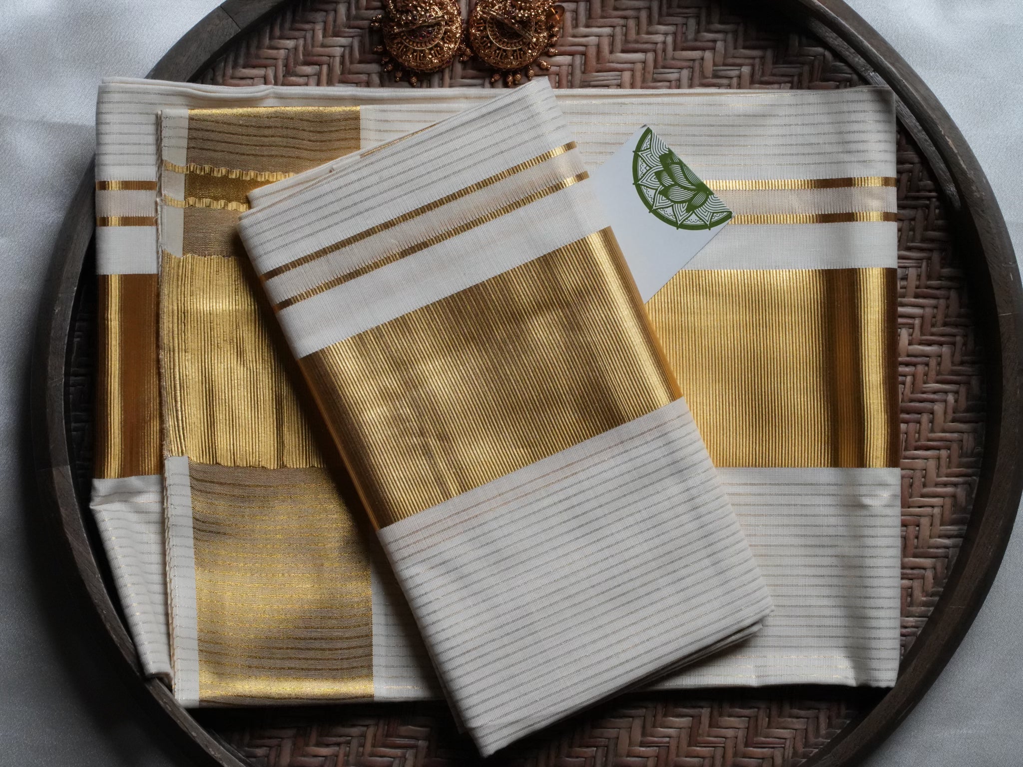 Traditional Off-White Kerala Set Mundu with Wide Golden Kasavu Border
