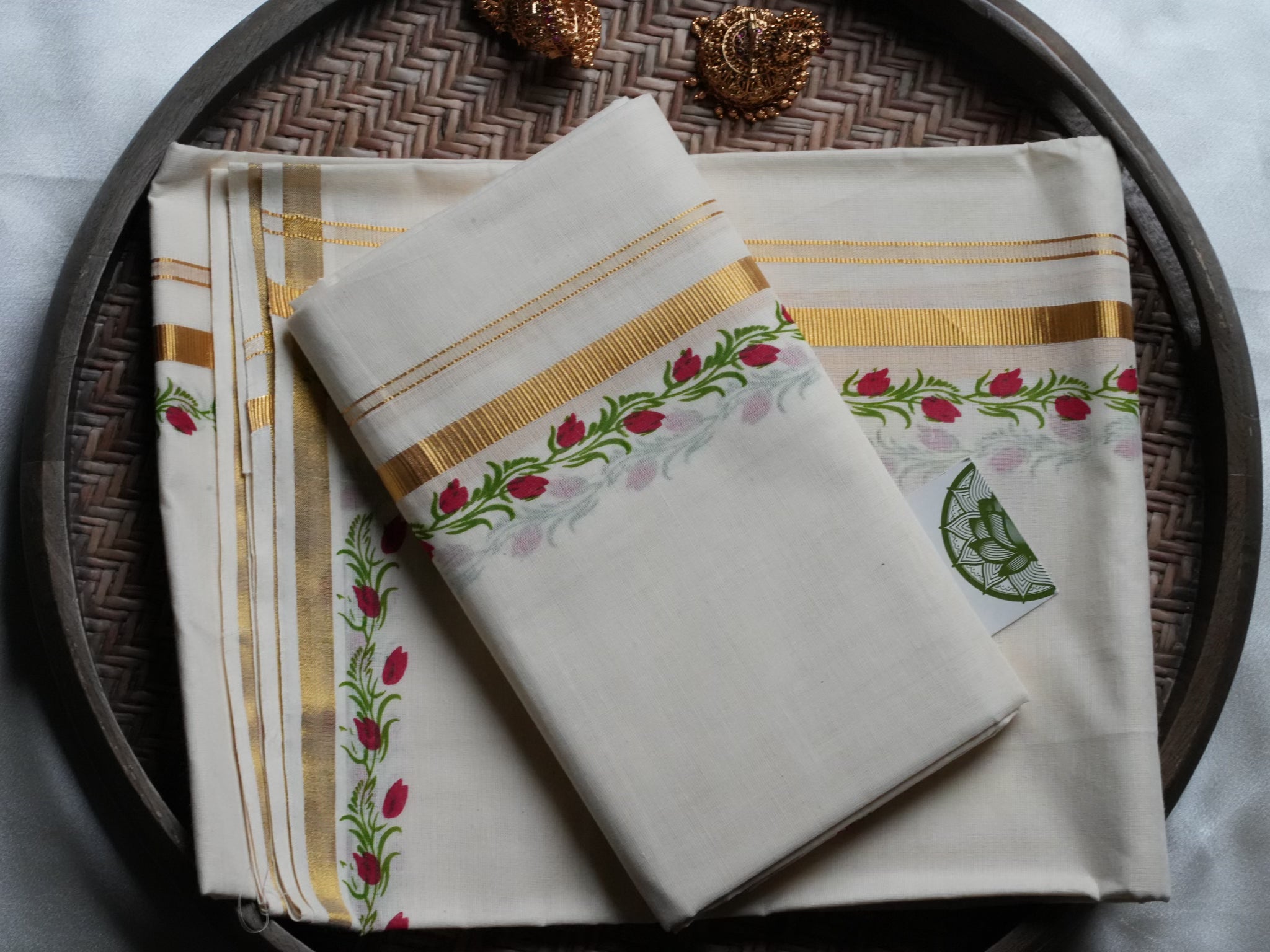 Hand-Painted Floral blooming red tulips Kerala Set Mundu with Golden Kasavu Border