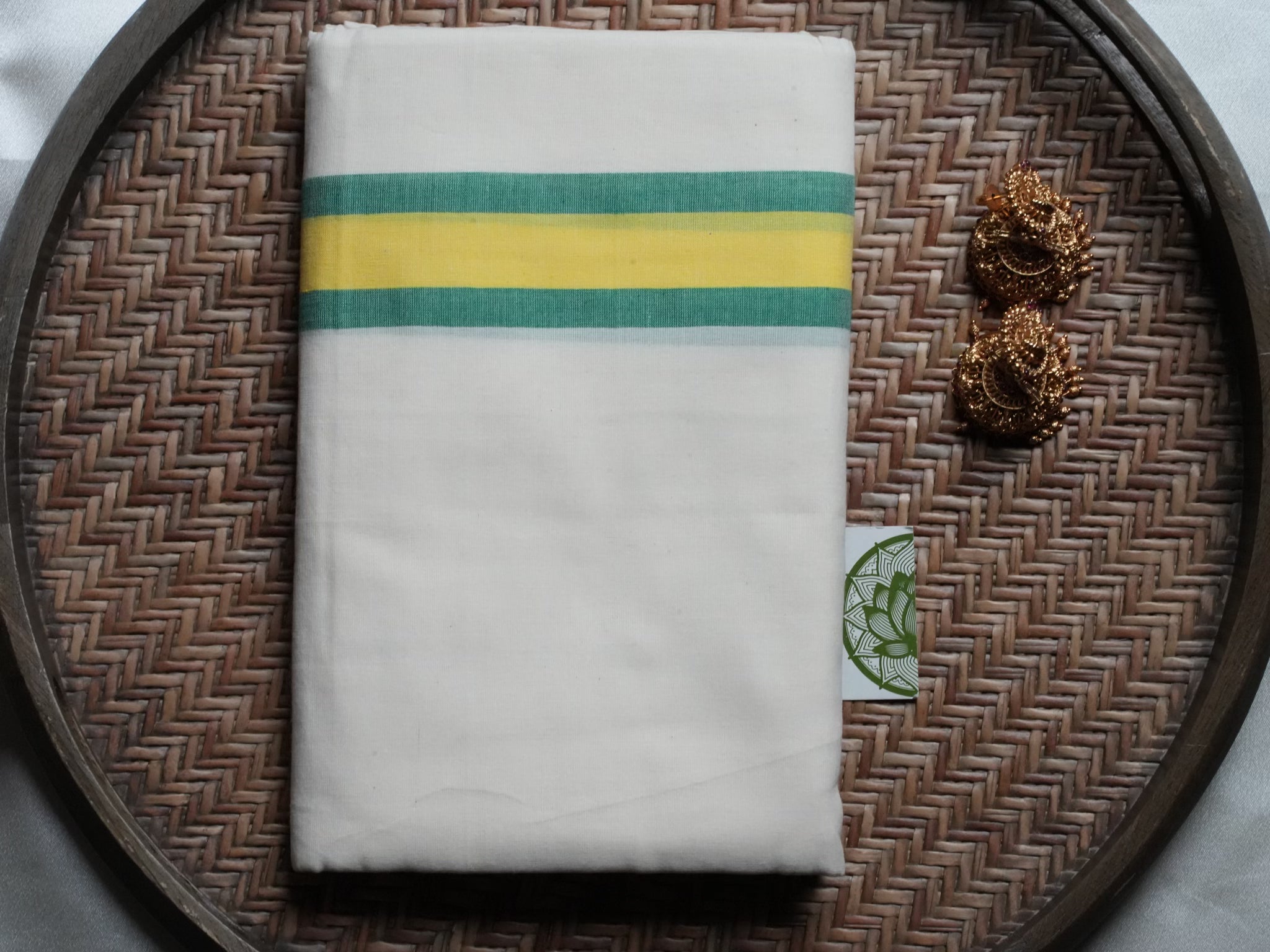 Designer Kerala Set Mundu with Vibrant Green and Yellow Mulloth Border