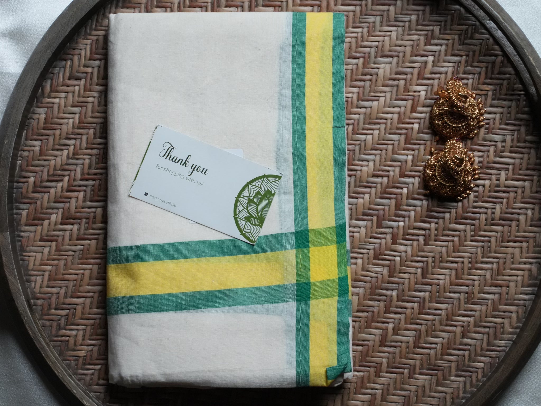 Designer Kerala Set Mundu with Vibrant Green and Yellow Mulloth Border