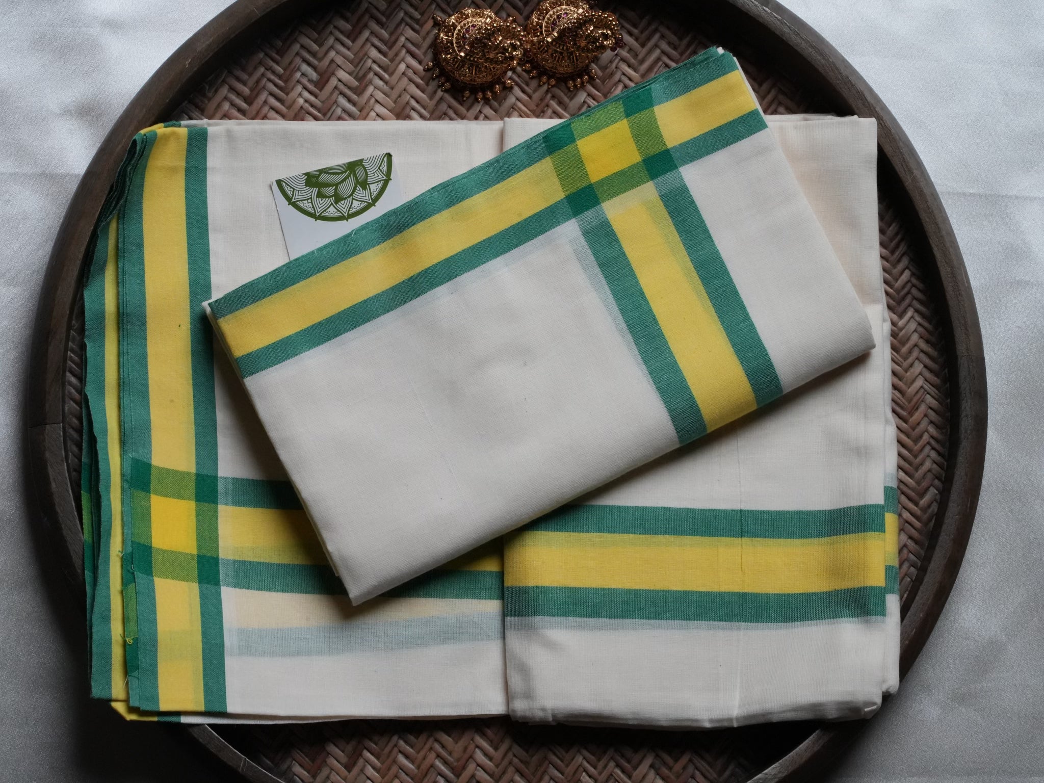 Designer Kerala Set Mundu with Vibrant Green and Yellow Mulloth Border