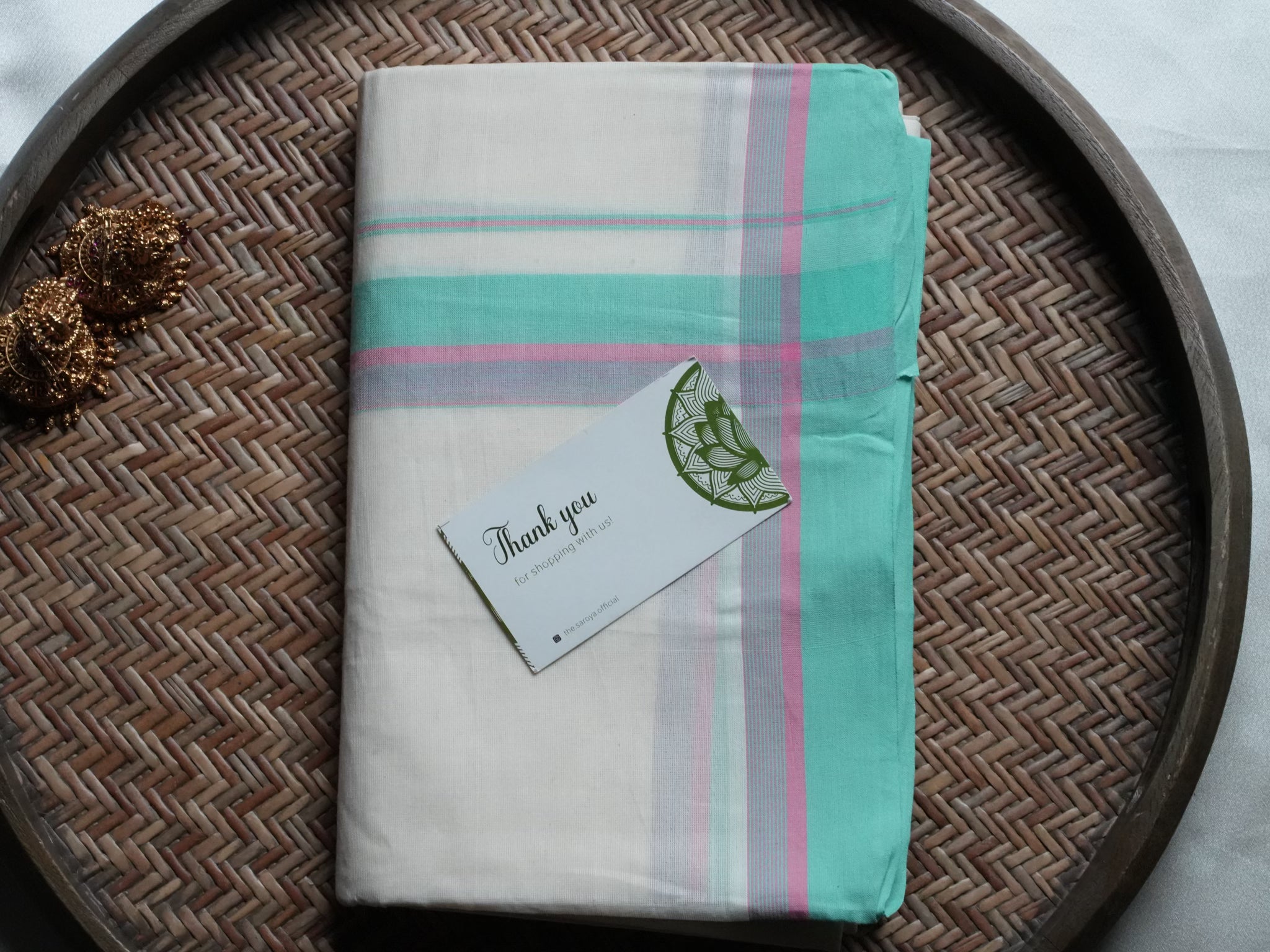 Designer Mint Green and Pink Mulloth Kerala Set Mundu