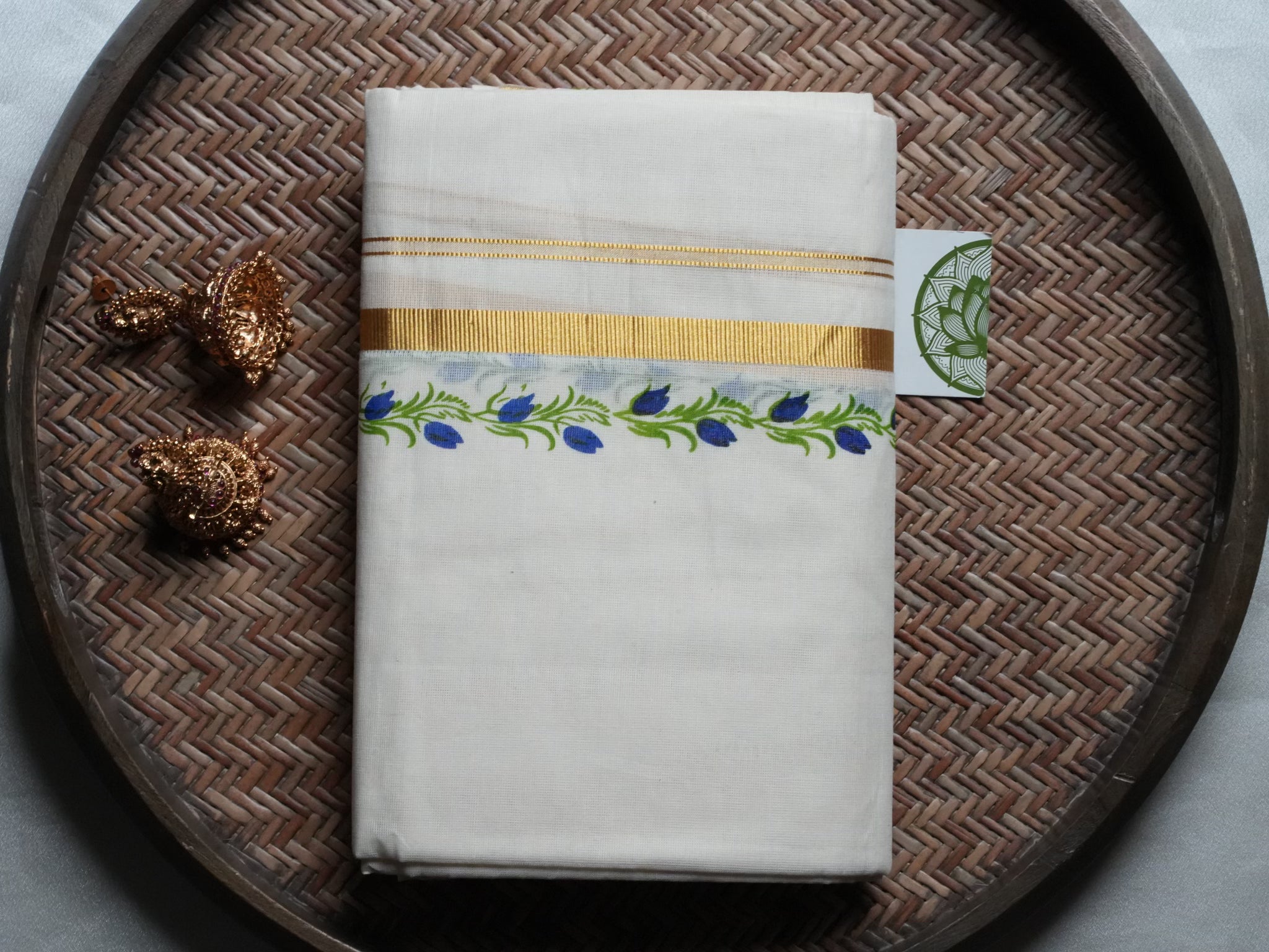 Designer Hand-Painted Floral Royal Bluse Tulips Kerala Set Mundu with Golden Kasavu