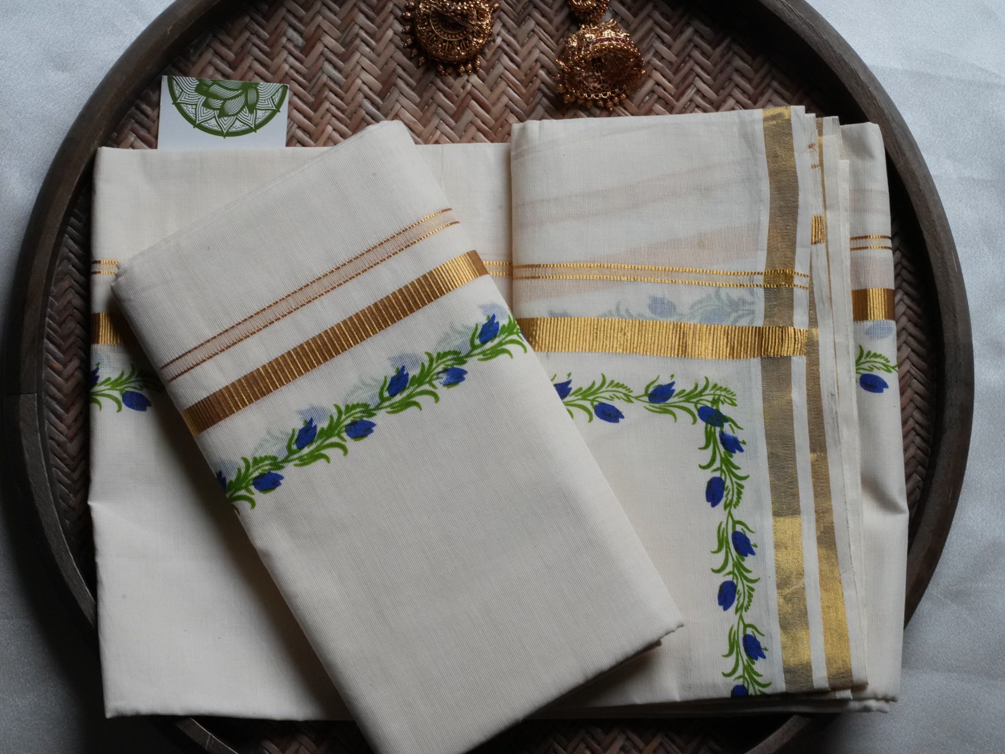 Designer Hand-Painted Floral Royal Bluse Tulips Kerala Set Mundu with Golden Kasavu