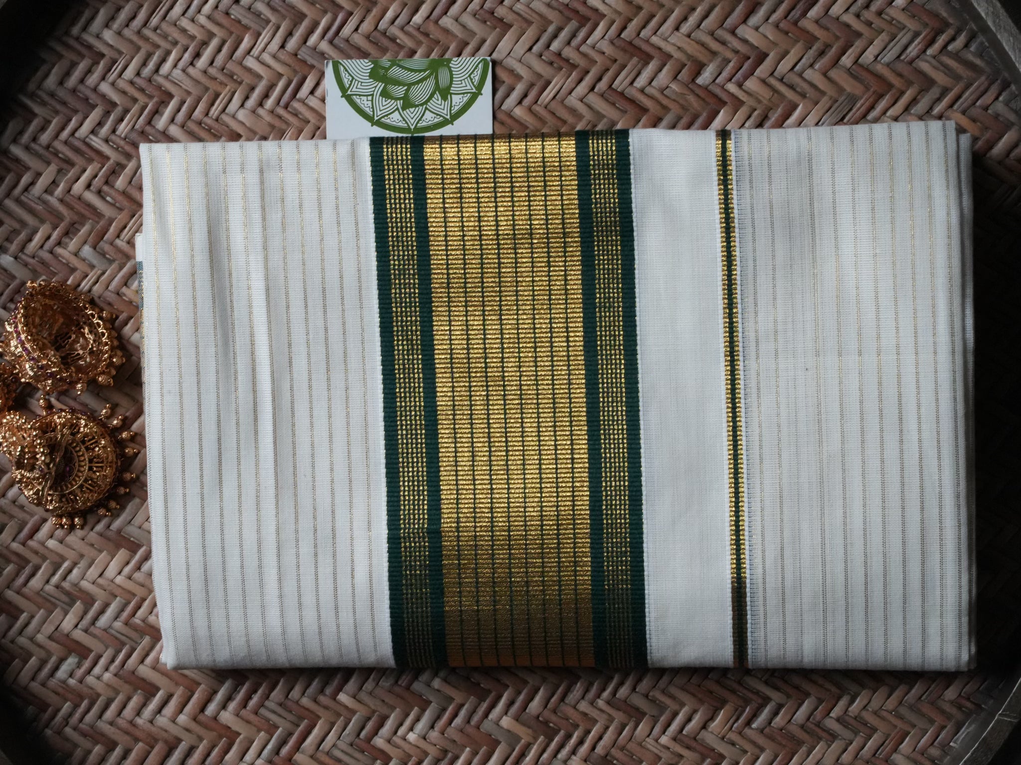 Designer Forest Green and Gold Kasavu Kerala Set Mundu