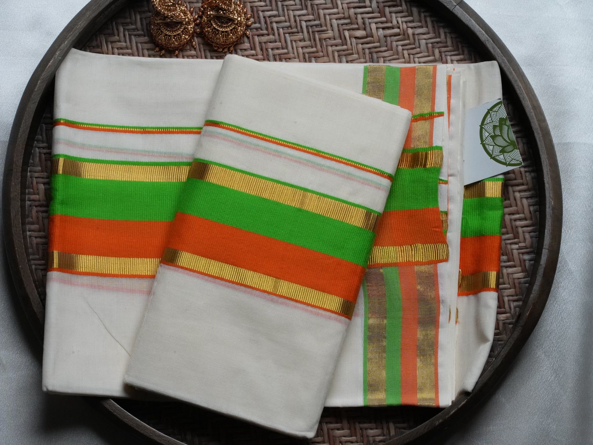 Designer Orange and Green Contrast Kerala Set Mundu