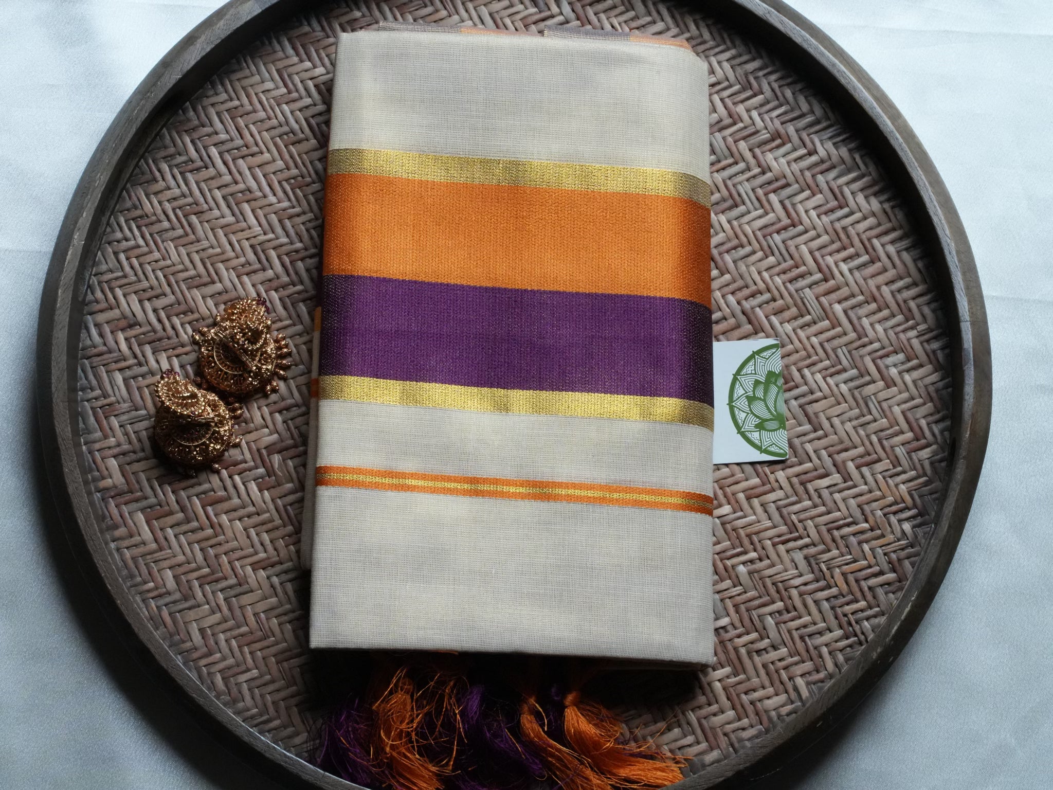 Designer Orange and Purple Contrast Kerala Tissue Set Mundu