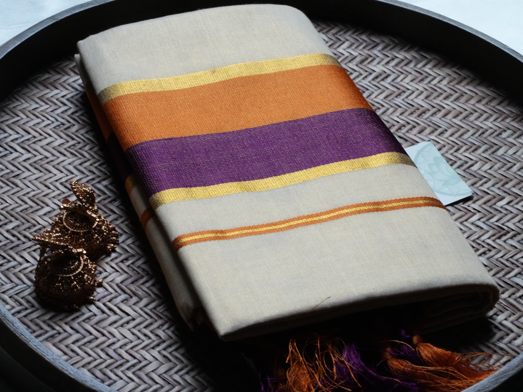 Designer Orange and Purple Contrast Kerala Tissue Set Mundu