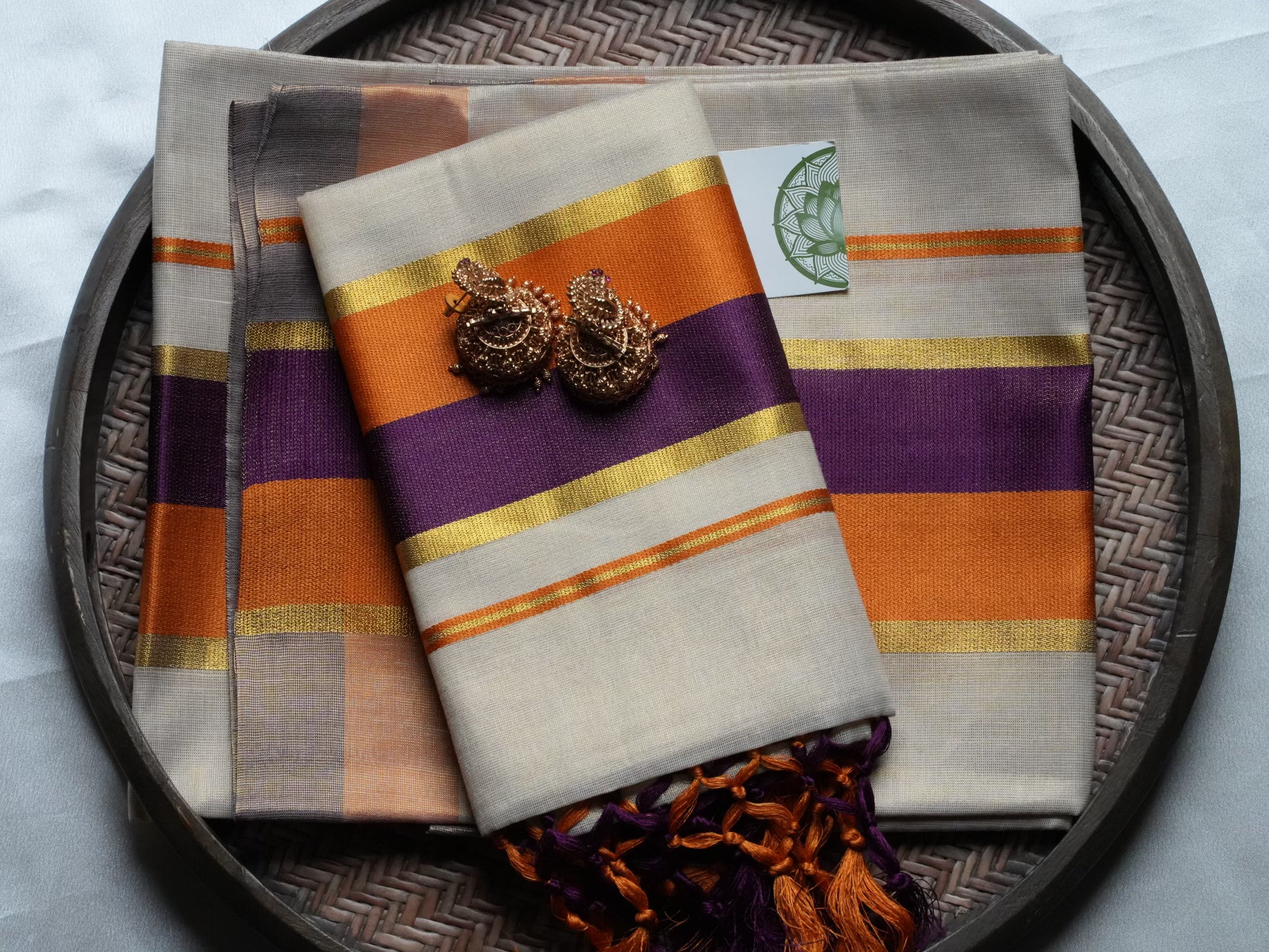Designer Orange and Purple Contrast Kerala Tissue Set Mundu