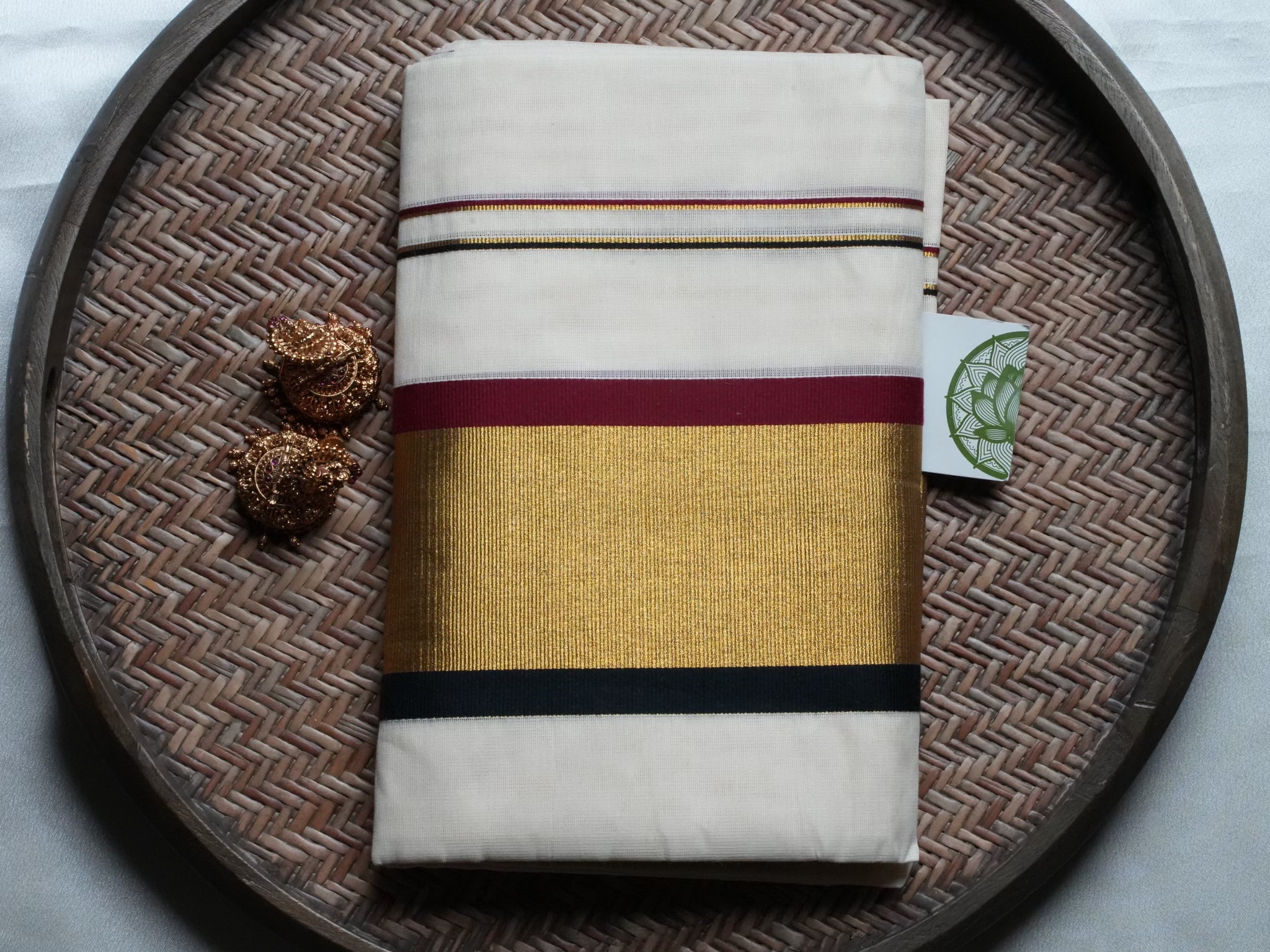 Designer Maroon and Gold Multi-Stripe Kerala Set Mundu