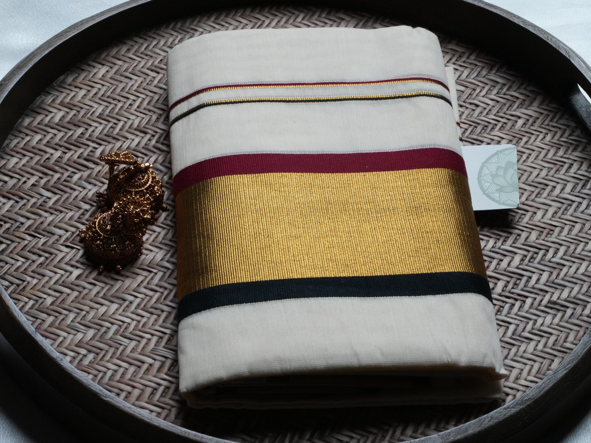 Designer Maroon and Gold Multi-Stripe Kerala Set Mundu