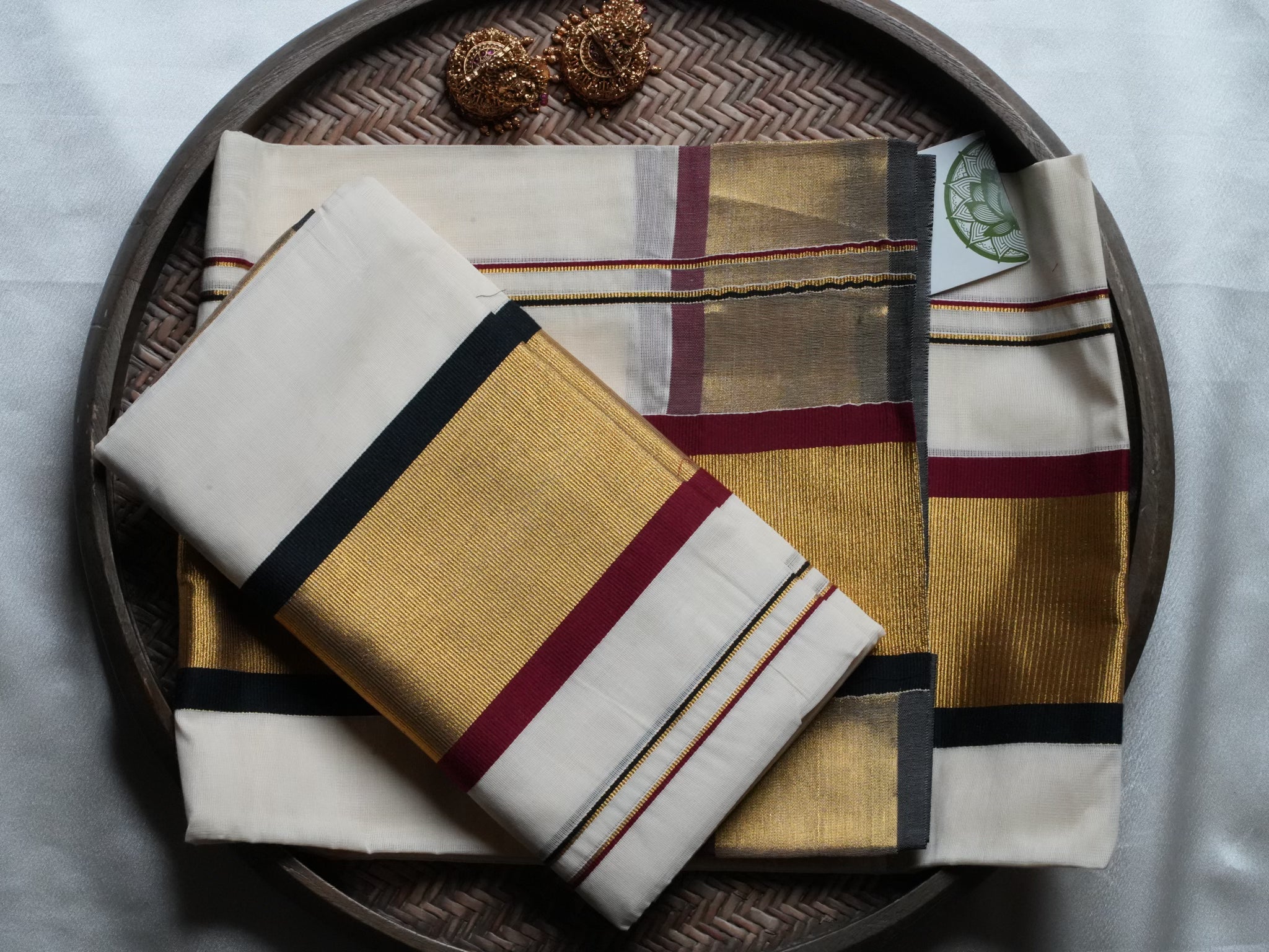 Designer Maroon and Gold Multi-Stripe Kerala Set Mundu