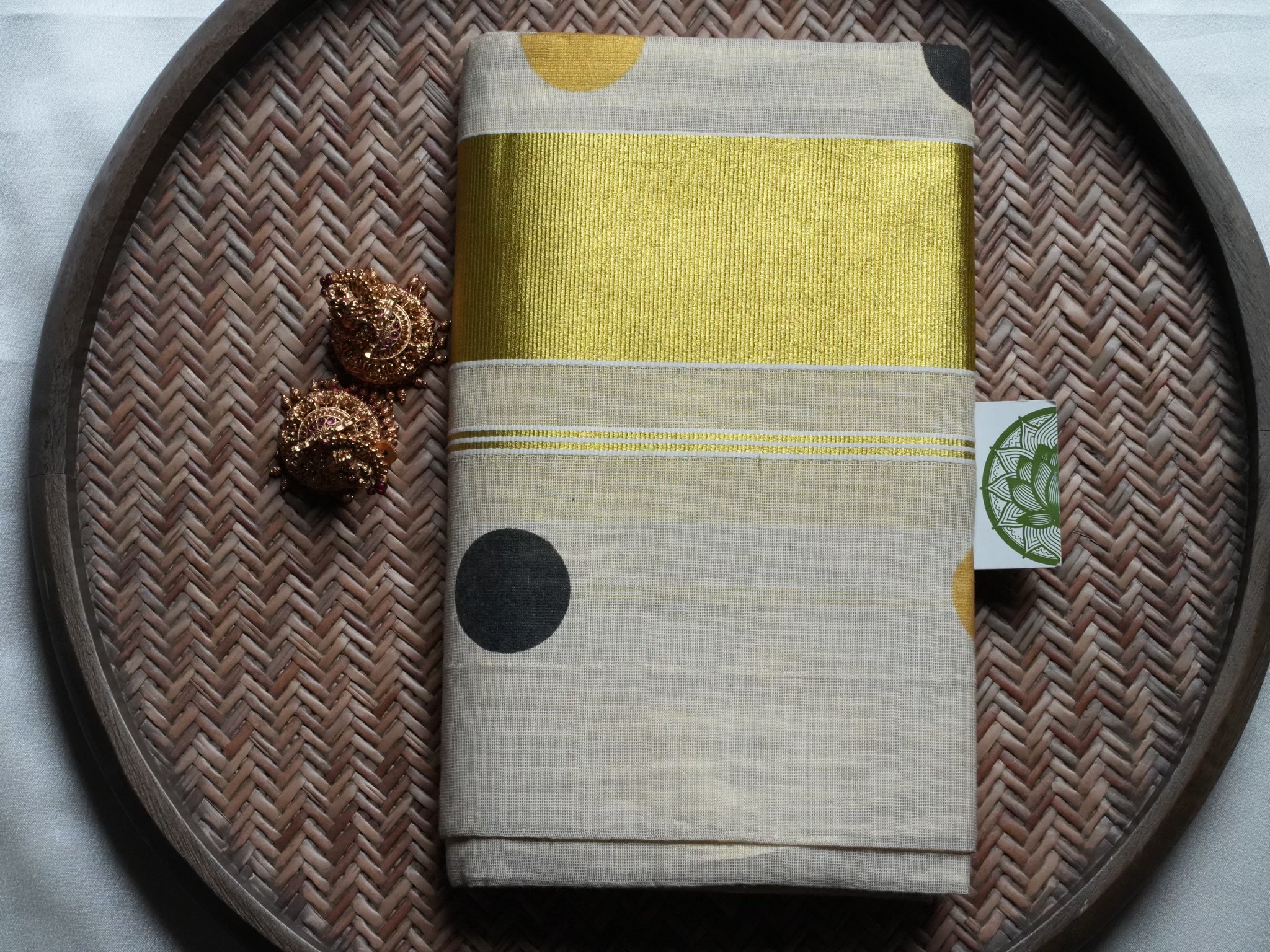 Designer Polka Dot & Golden Kasavu Tissue Kerala Set Mundu