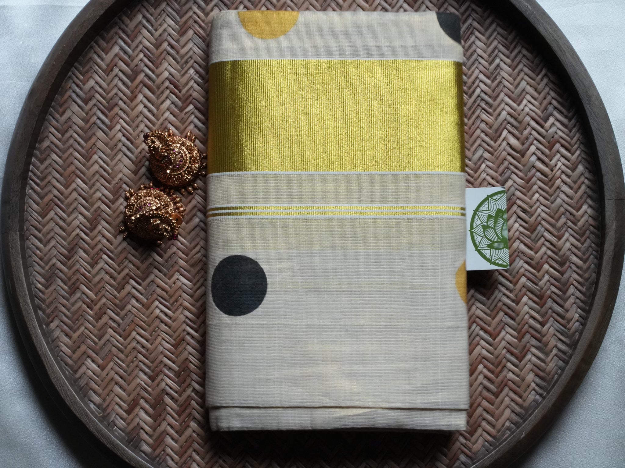 Designer Polka Dot & Golden Kasavu Tissue Kerala Set Mundu