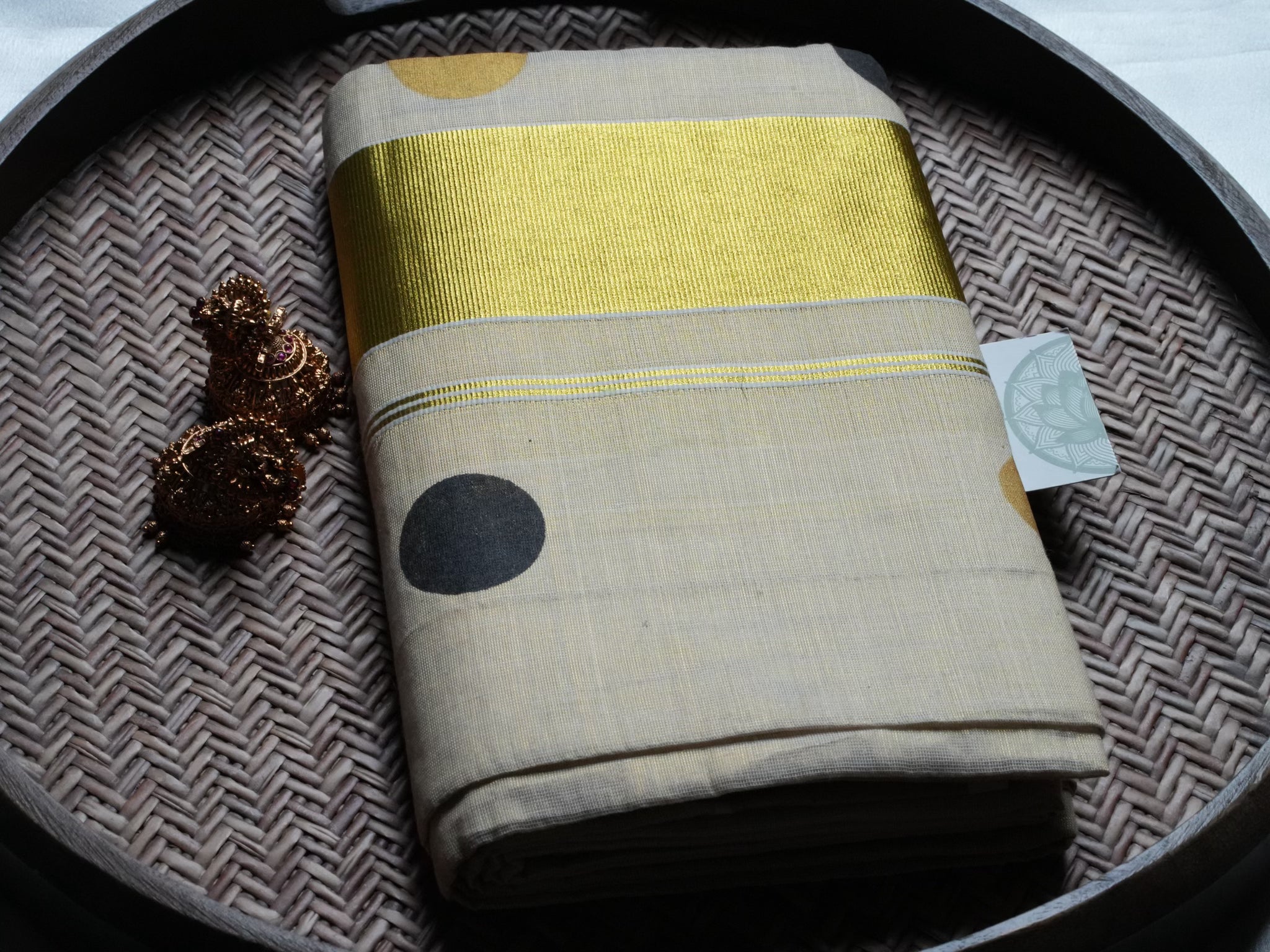 Designer Polka Dot & Golden Kasavu Tissue Kerala Set Mundu