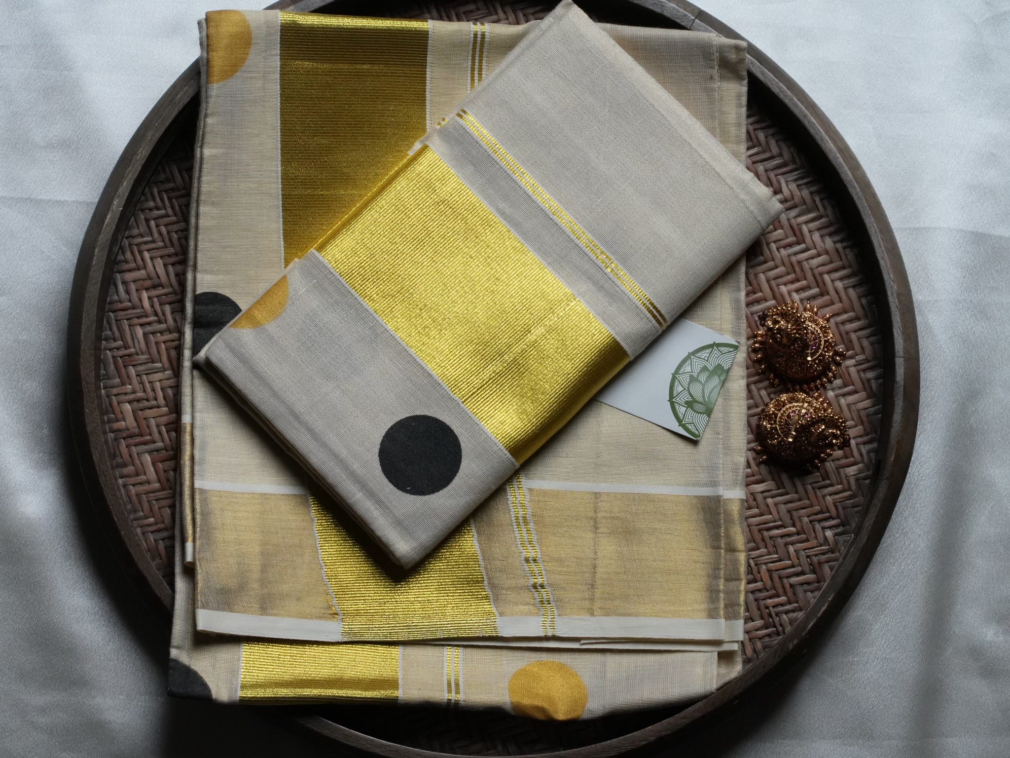 Designer Polka Dot & Golden Kasavu Tissue Kerala Set Mundu