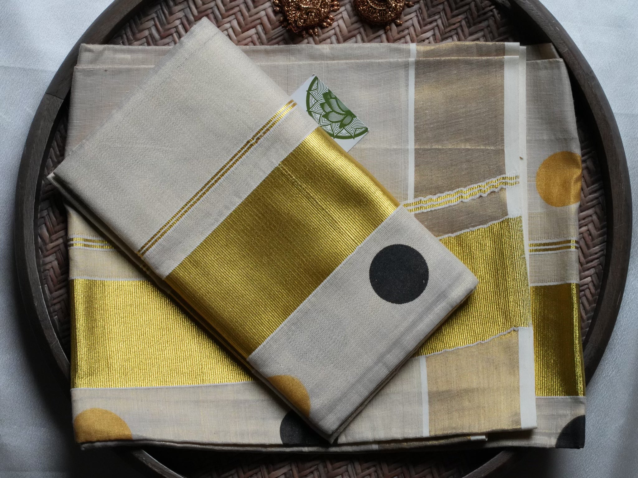 Designer Polka Dot & Golden Kasavu Tissue Kerala Set Mundu