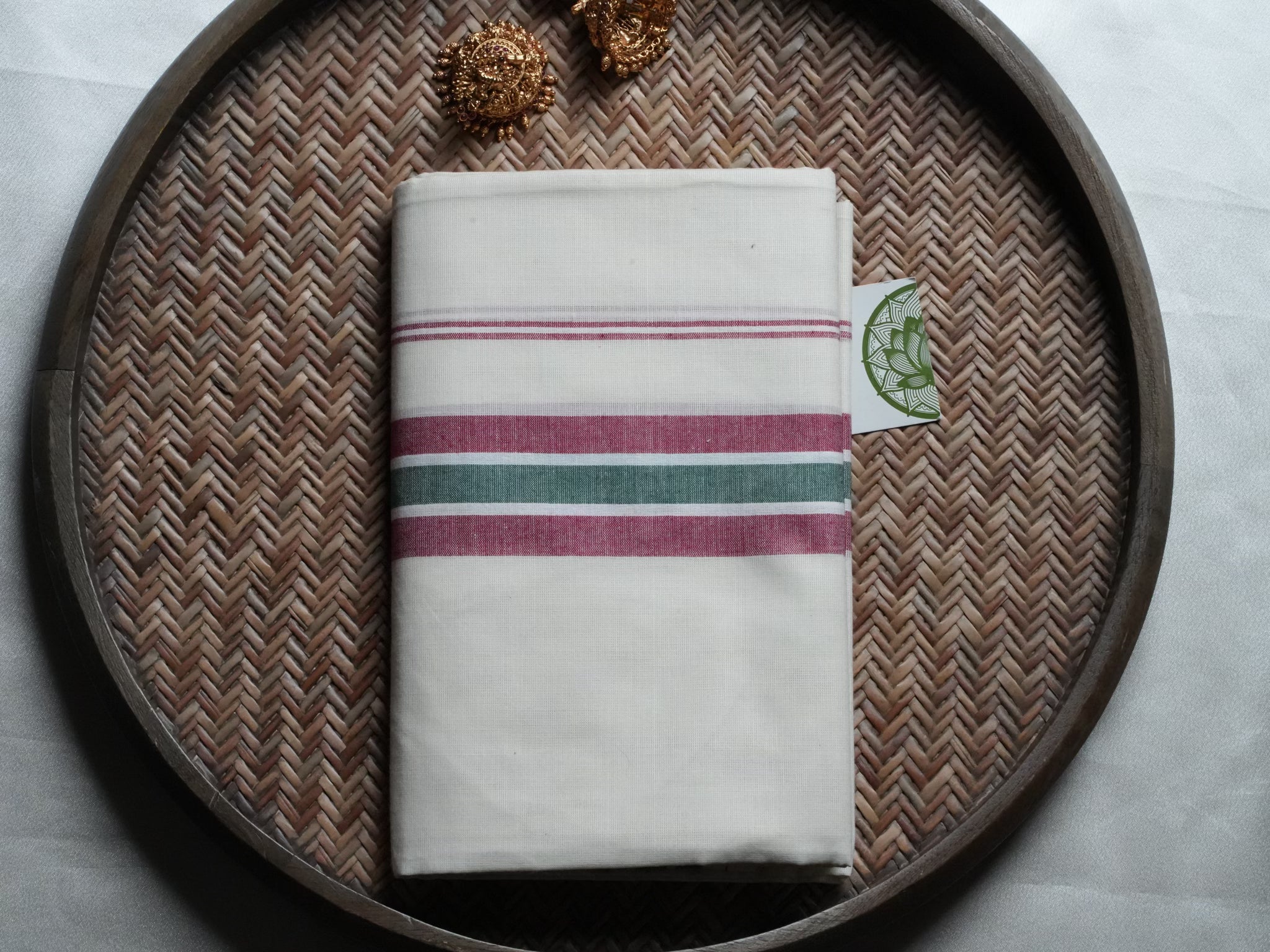 Designer Maroon and Emerald Green Mulloth Kerala Set Mundu