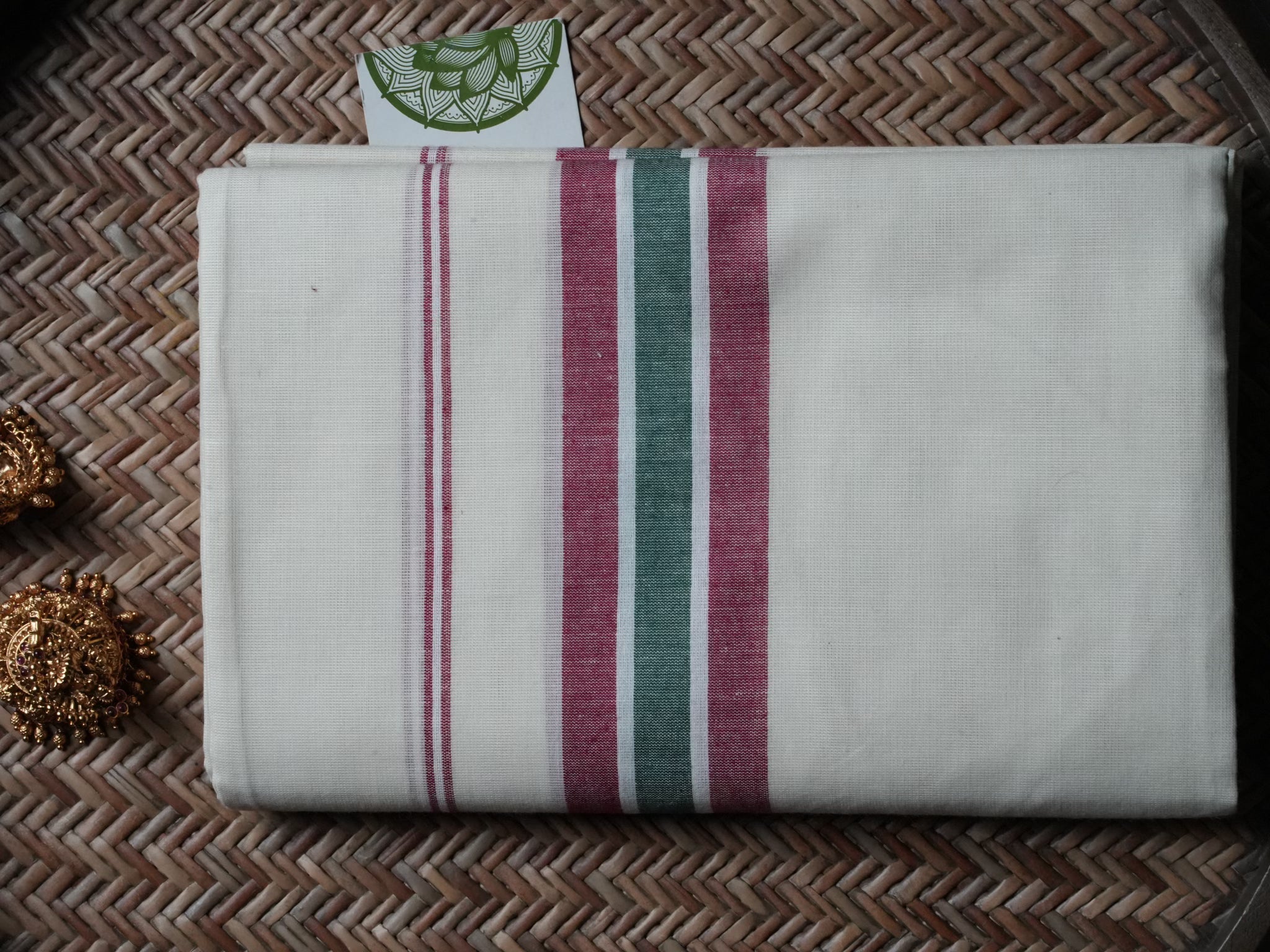 Designer Maroon and Emerald Green Mulloth Kerala Set Mundu