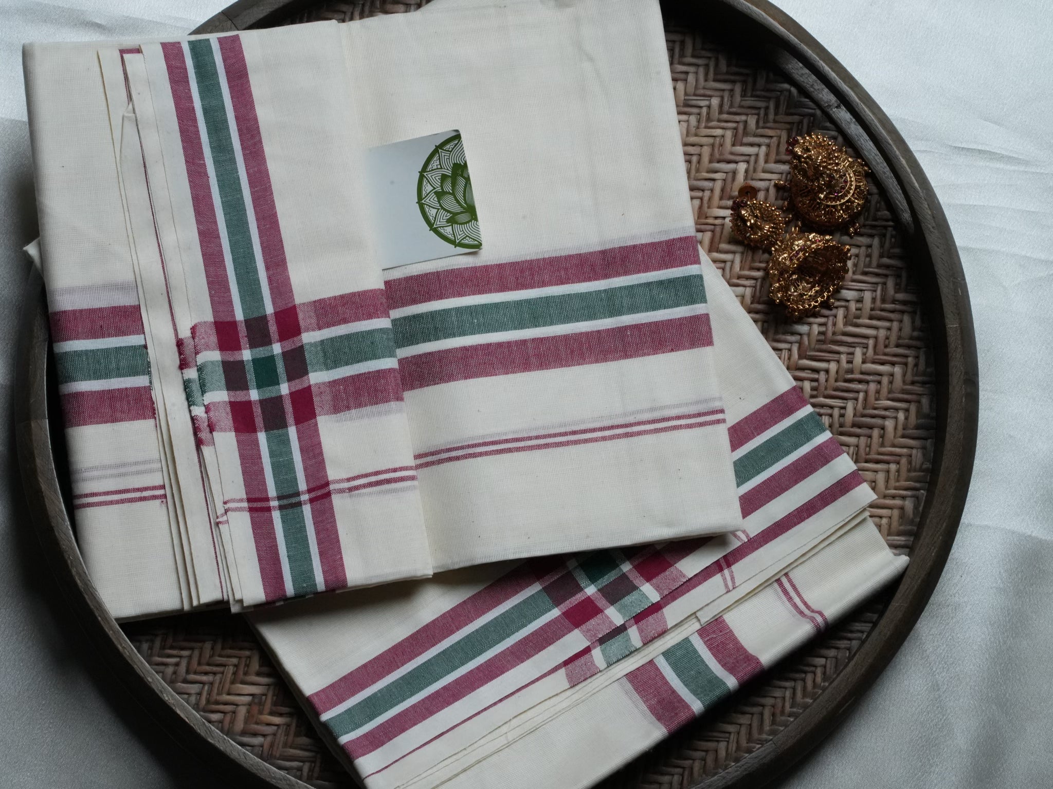 Designer Maroon and Emerald Green Mulloth Kerala Set Mundu