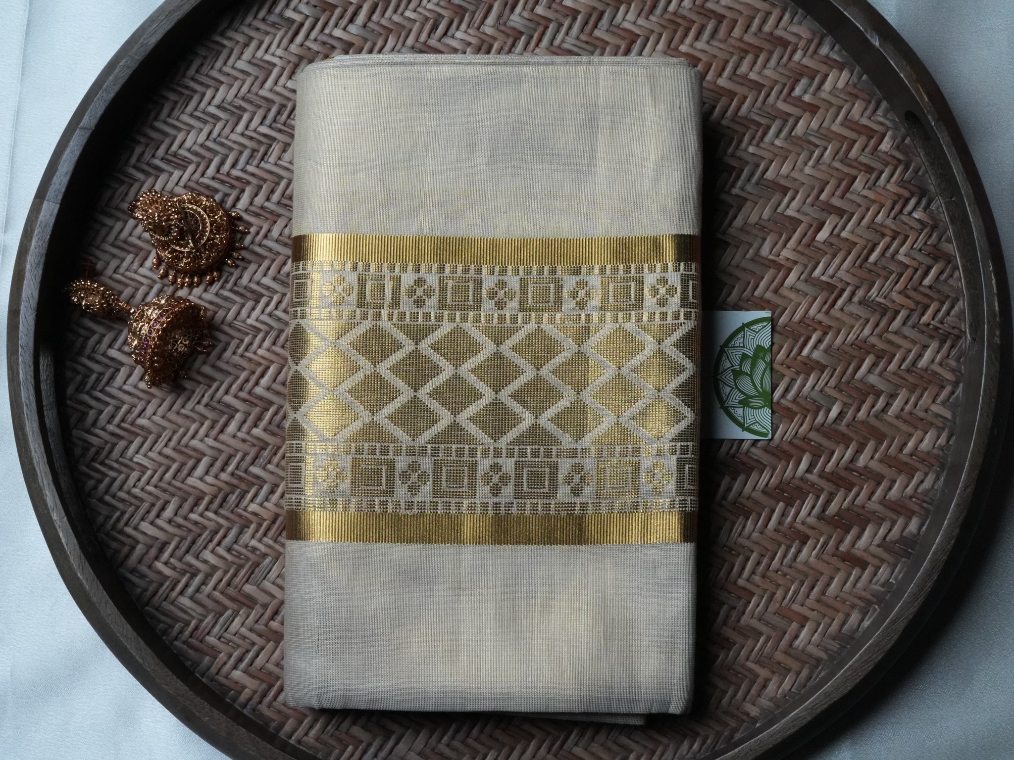 Designer Floral Peacock Gold Kasavu Tissue Kerala Set Mundu