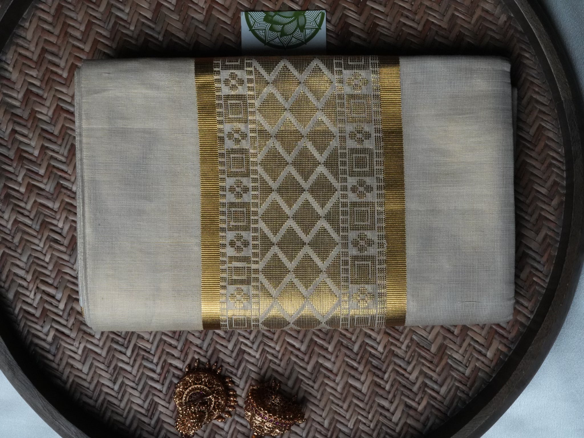Designer Floral Peacock Gold Kasavu Tissue Kerala Set Mundu
