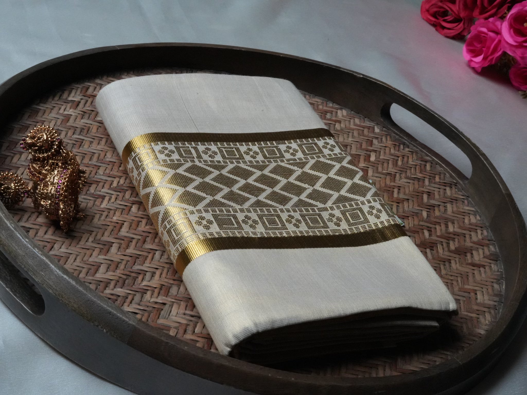 Designer Floral Peacock Gold Kasavu Tissue Kerala Set Mundu
