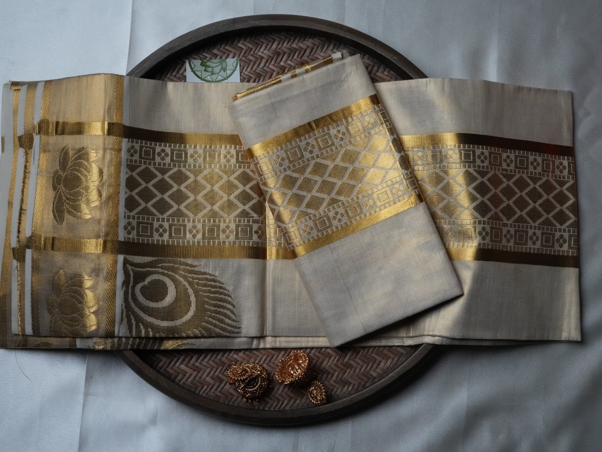 Designer Floral Peacock Gold Kasavu Tissue Kerala Set Mundu