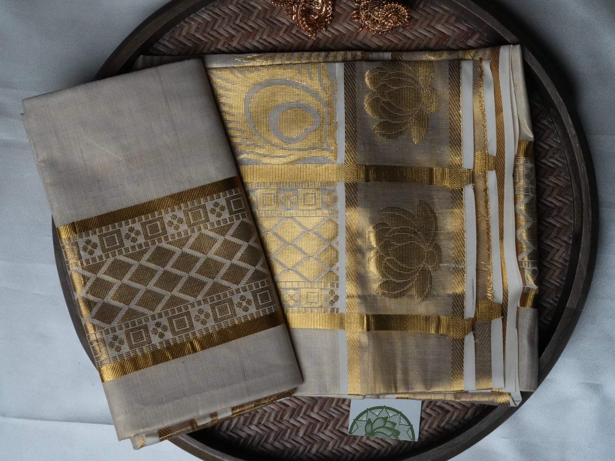 Designer Floral Peacock Gold Kasavu Tissue Kerala Set Mundu