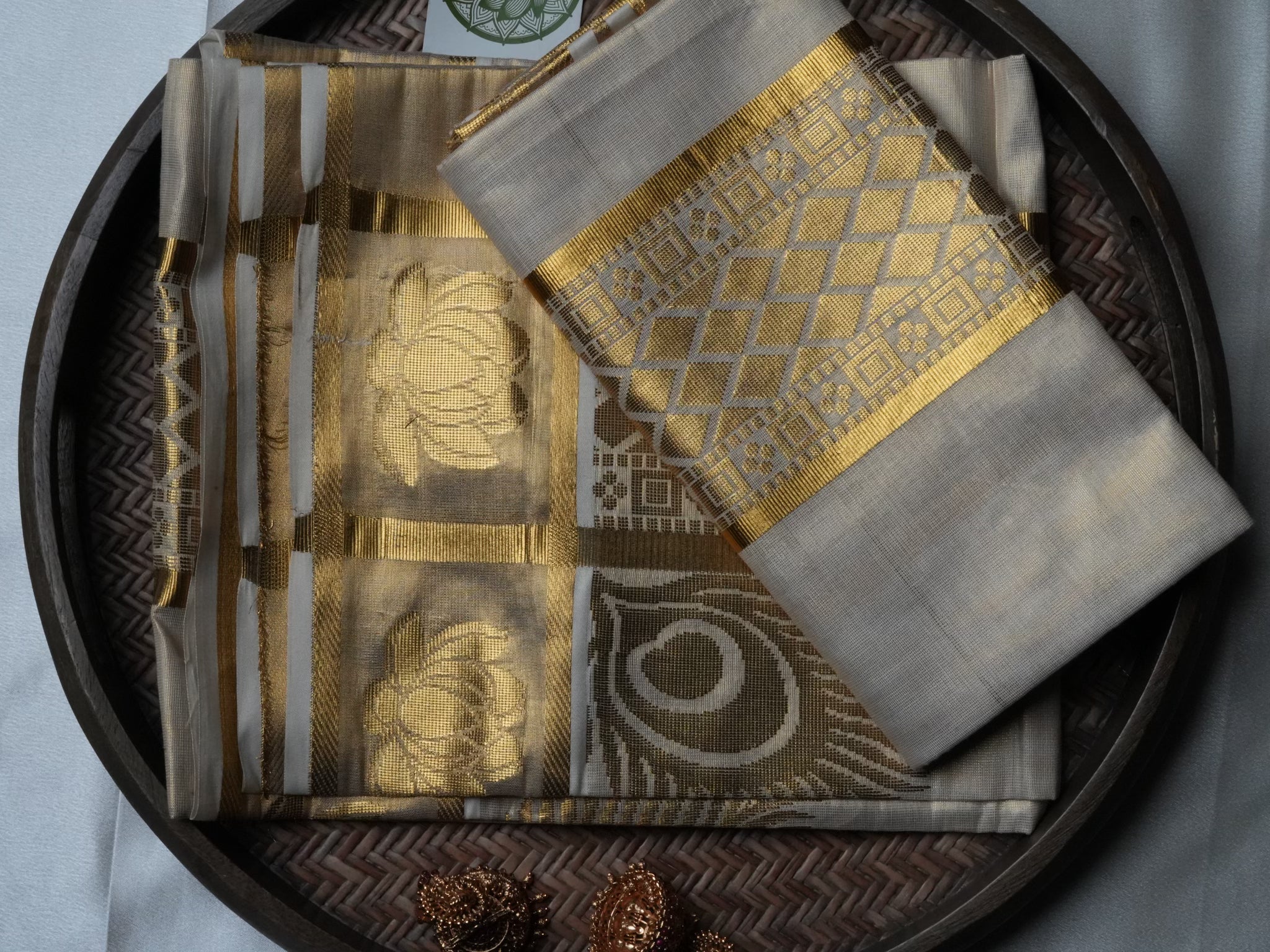 Designer Floral Peacock Gold Kasavu Tissue Kerala Set Mundu