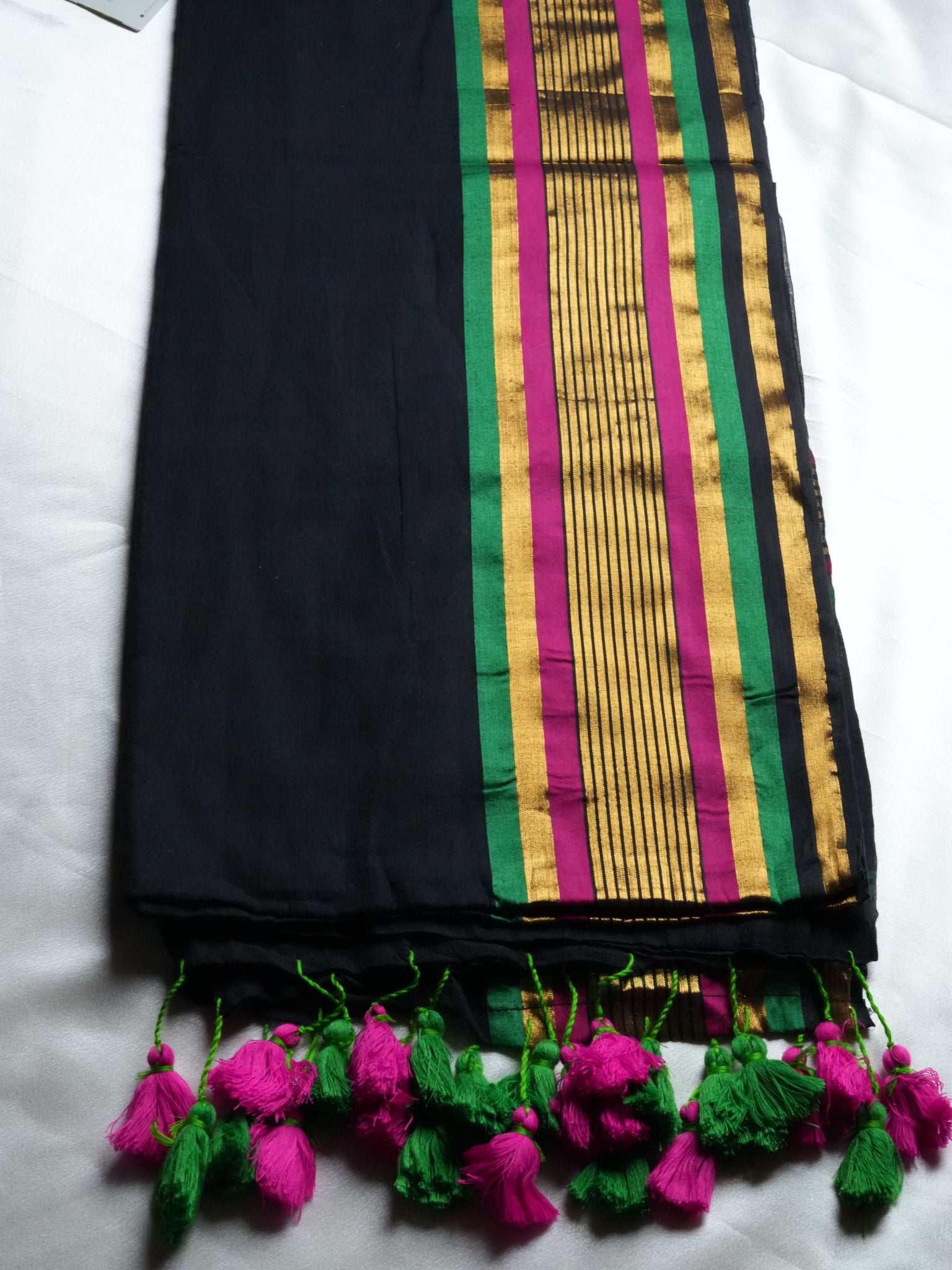 Designer Black Mul Cotton Saree with Magenta and Green Accents