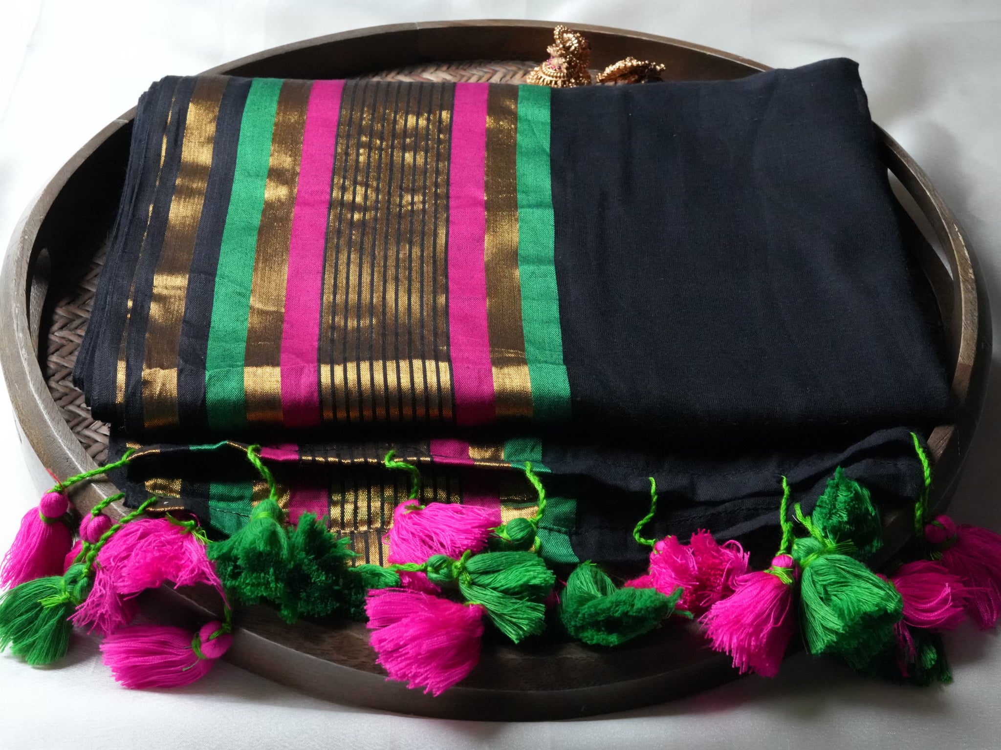 Designer Black Mul Cotton Saree with Magenta and Green Accents