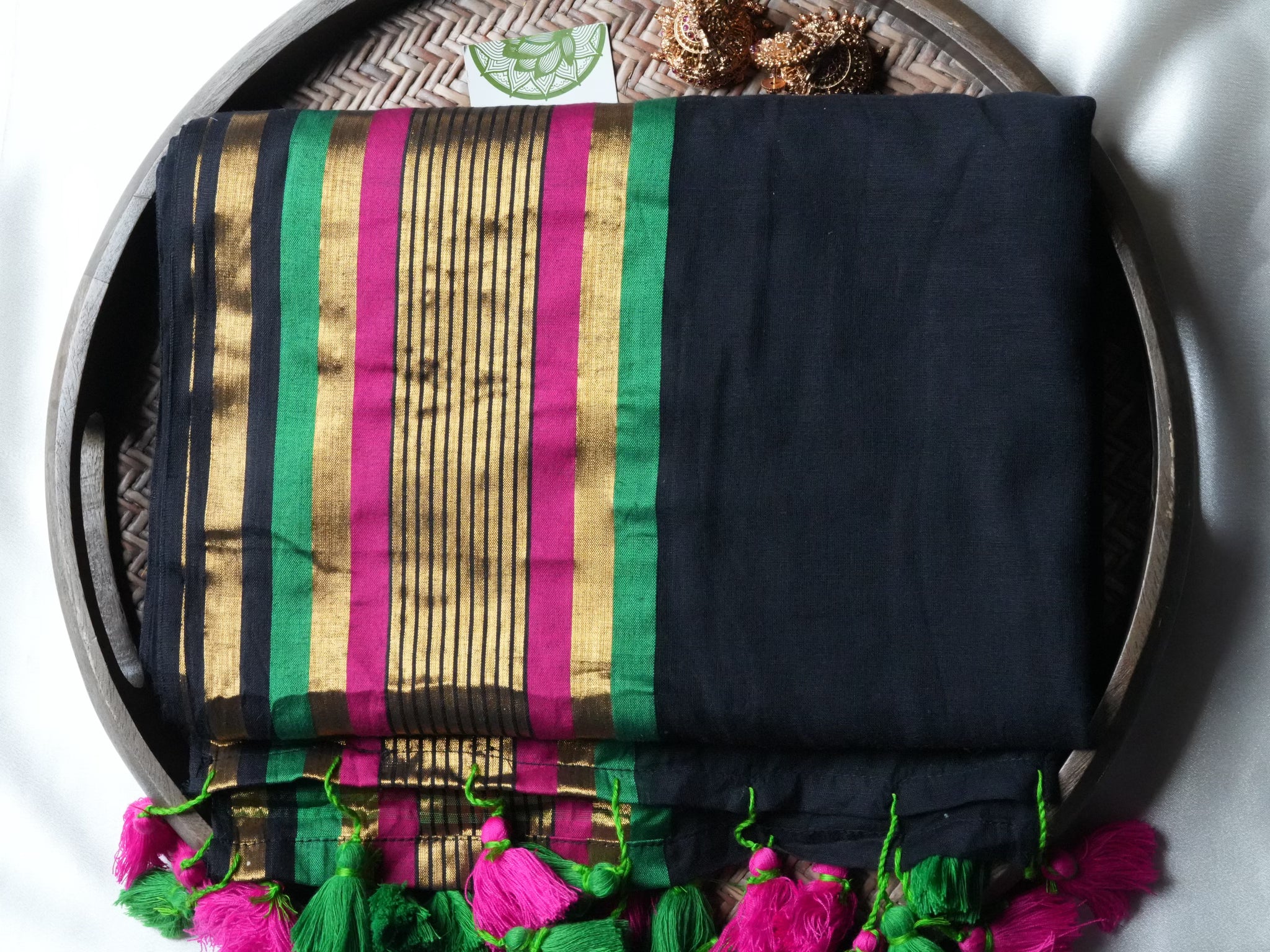 Designer Black Mul Cotton Saree with Magenta and Green Accents
