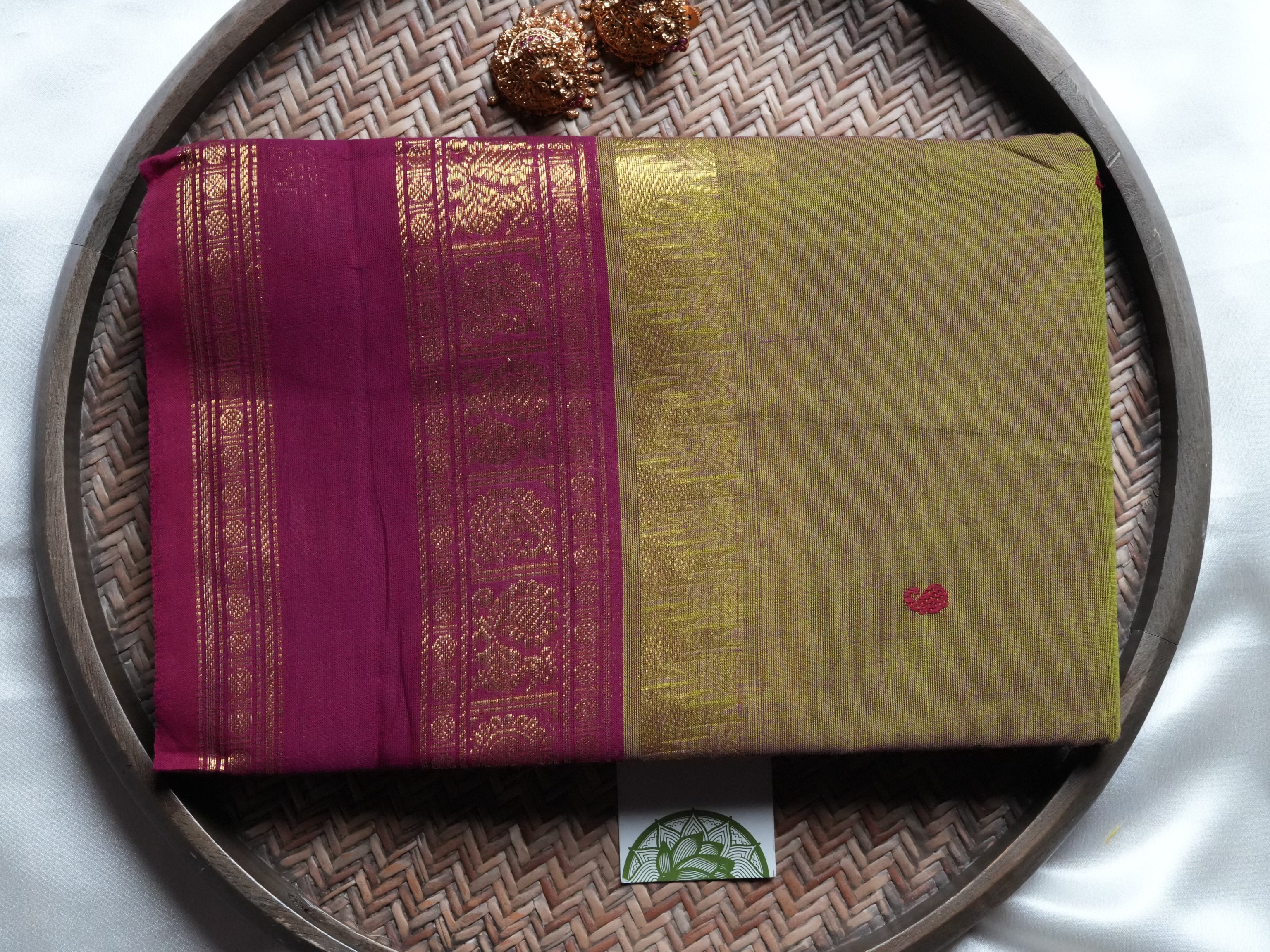 Designer Olive Green and Wine Kanchi Cotton Saree