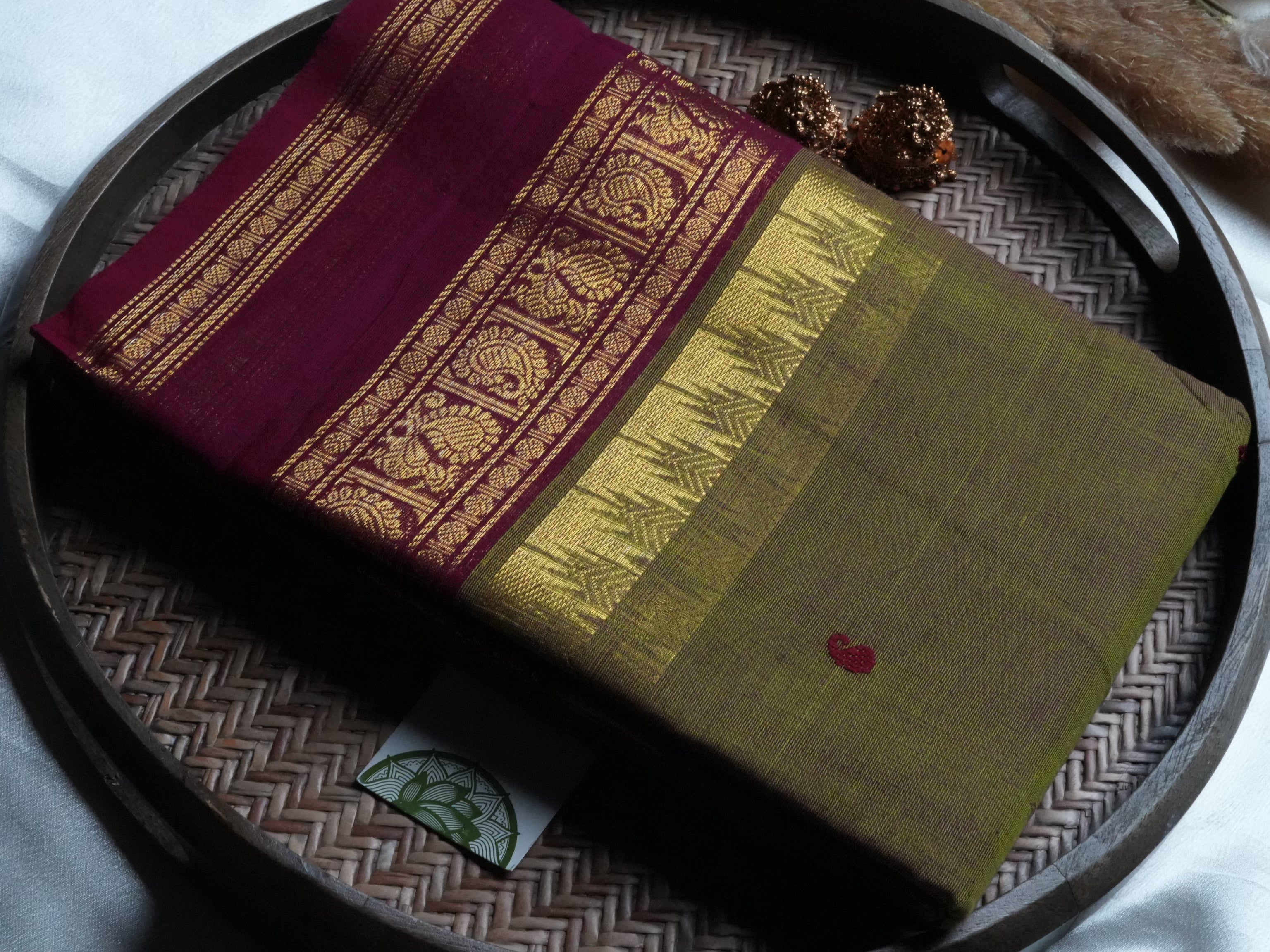 Designer Olive Green and Wine Kanchi Cotton Saree
