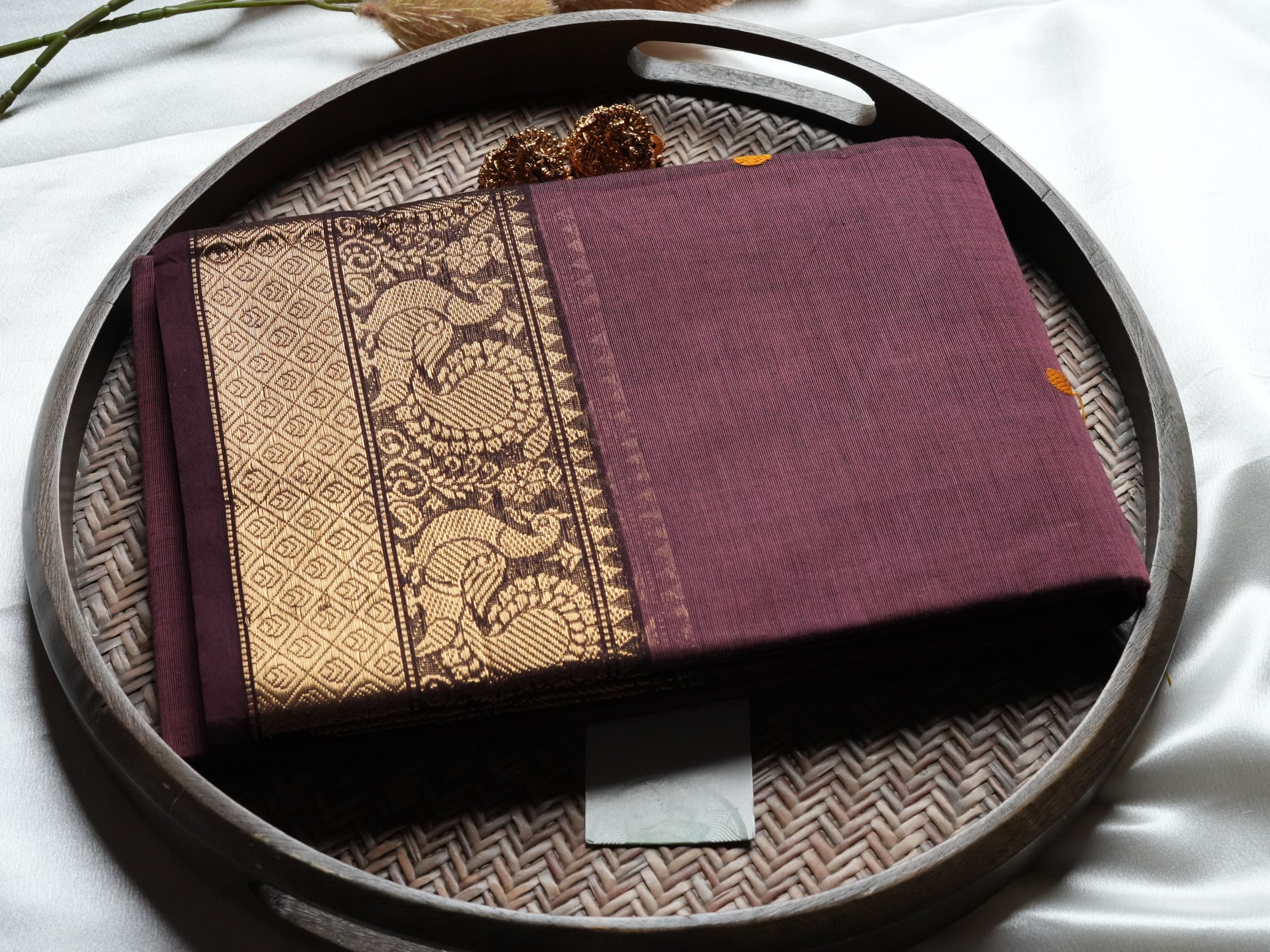 Elegant Muted/Earthy Deep Wine Kanchi Cotton Saree