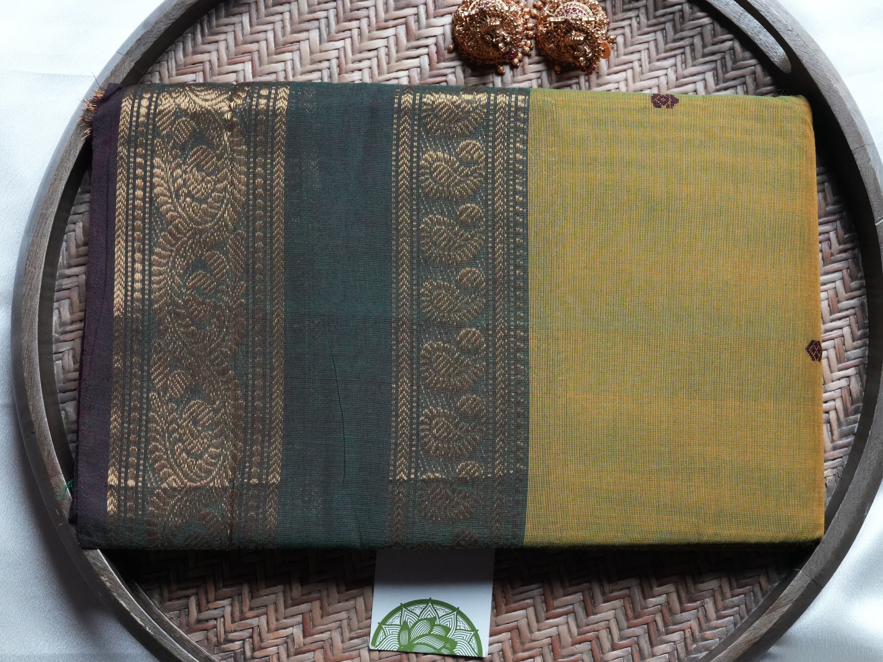 Stately Forest Green and Olive Kanchi Cotton Saree