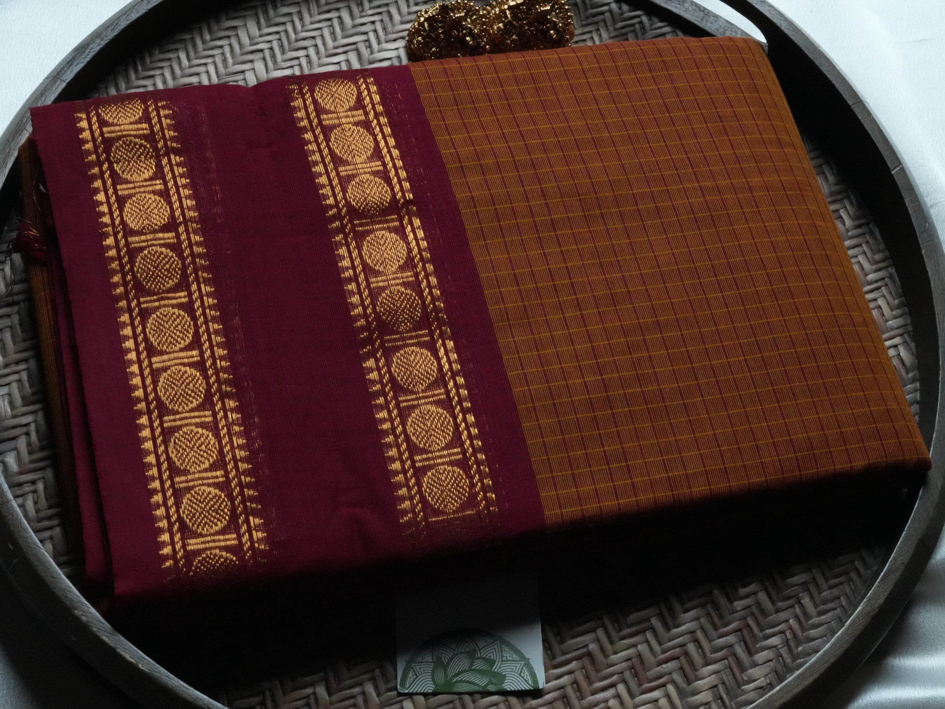 Rusty Orange and Rani Pink Checkered Kanchi Cotton Saree