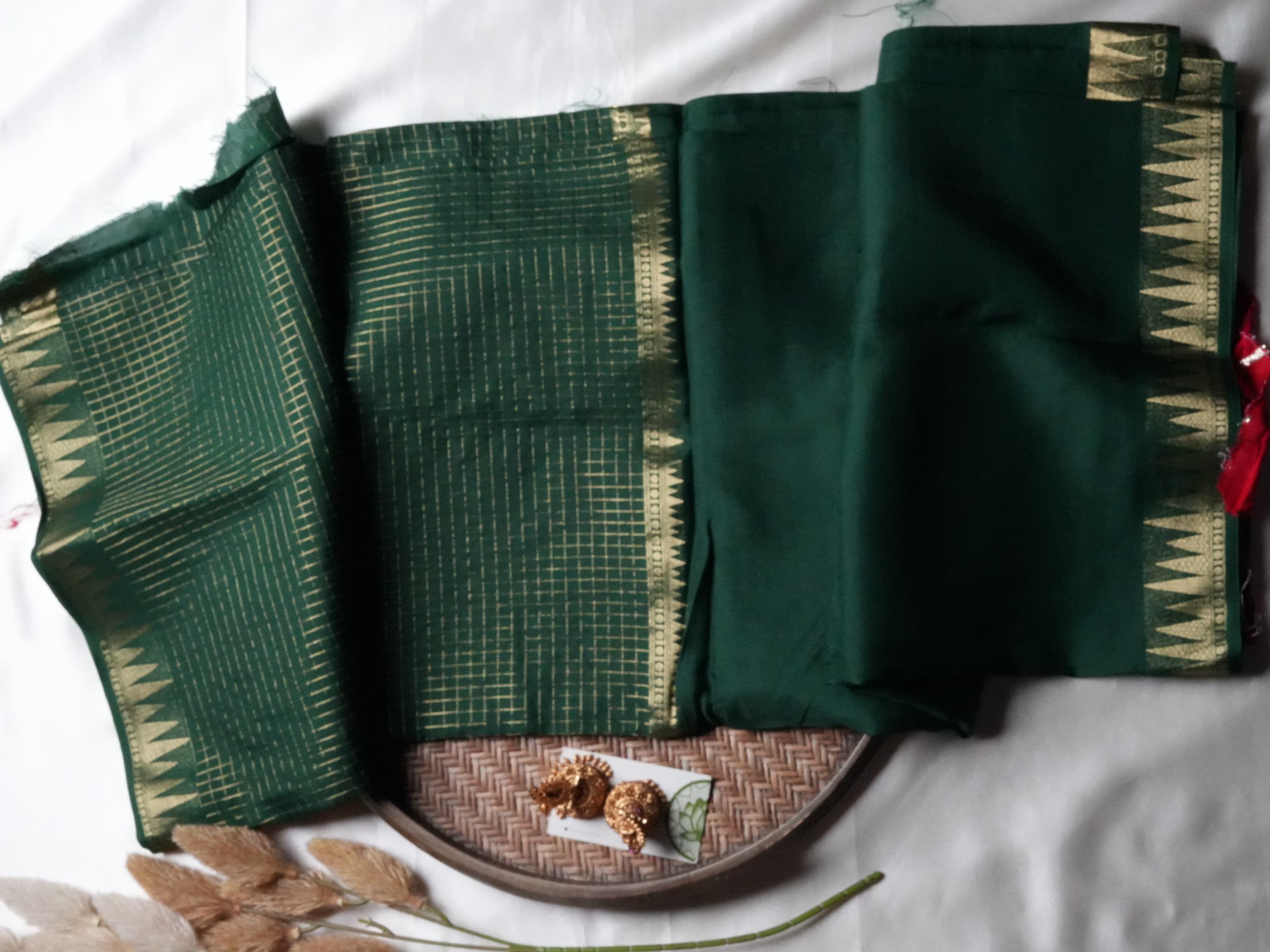 Festive Bottle Green Mysore Crepe Semi Silk Saree with contrasting red blouse