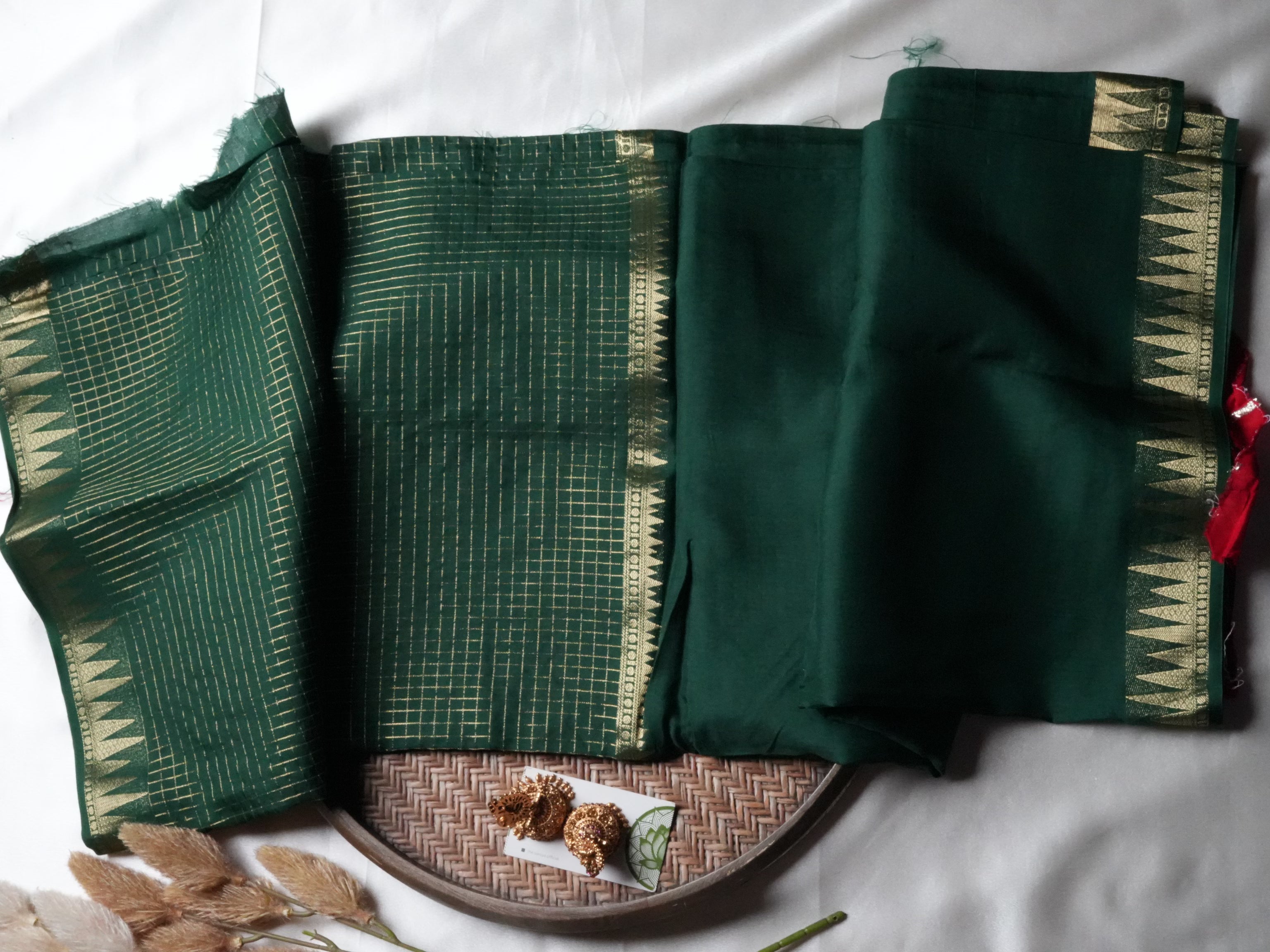 Festive Bottle Green Mysore Crepe Semi Silk Saree with contrasting red blouse