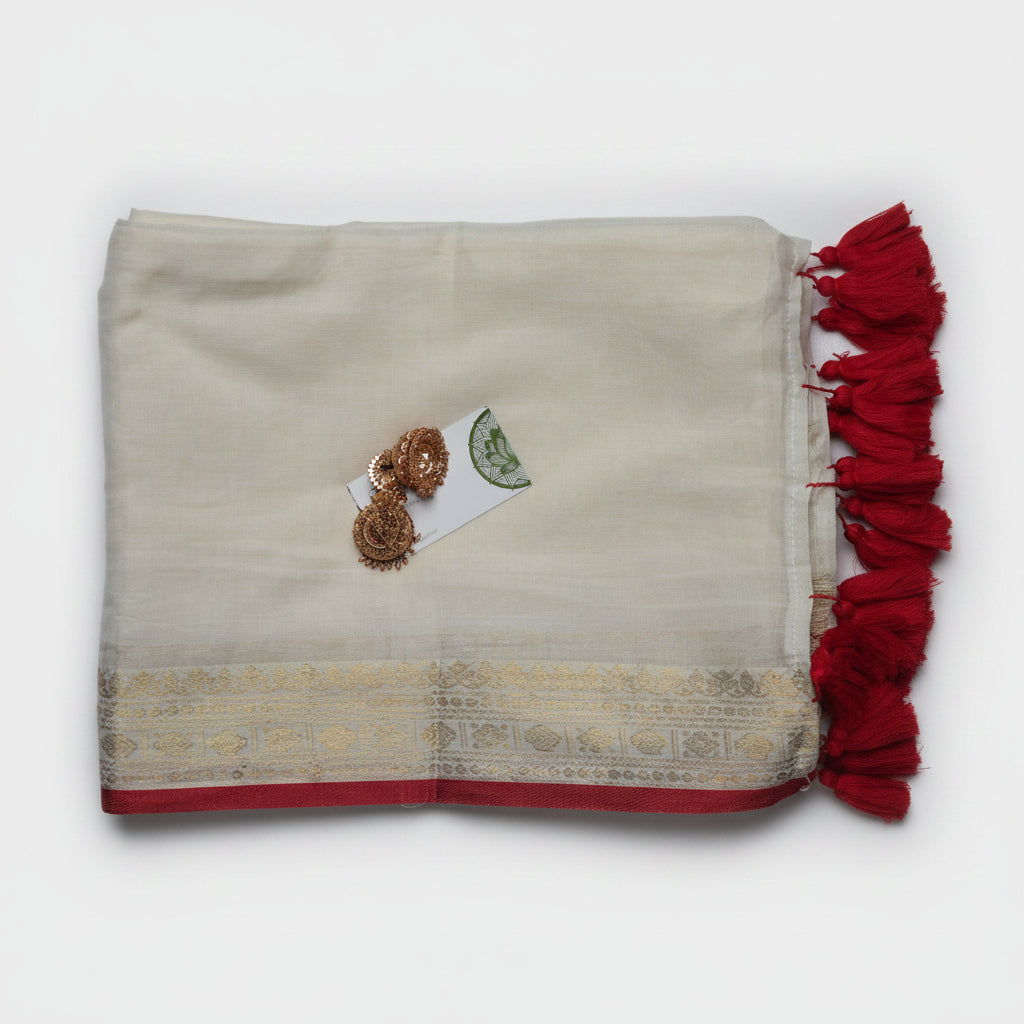 Elegant Ivory Mul Cotton Saree with Crimson Tassels