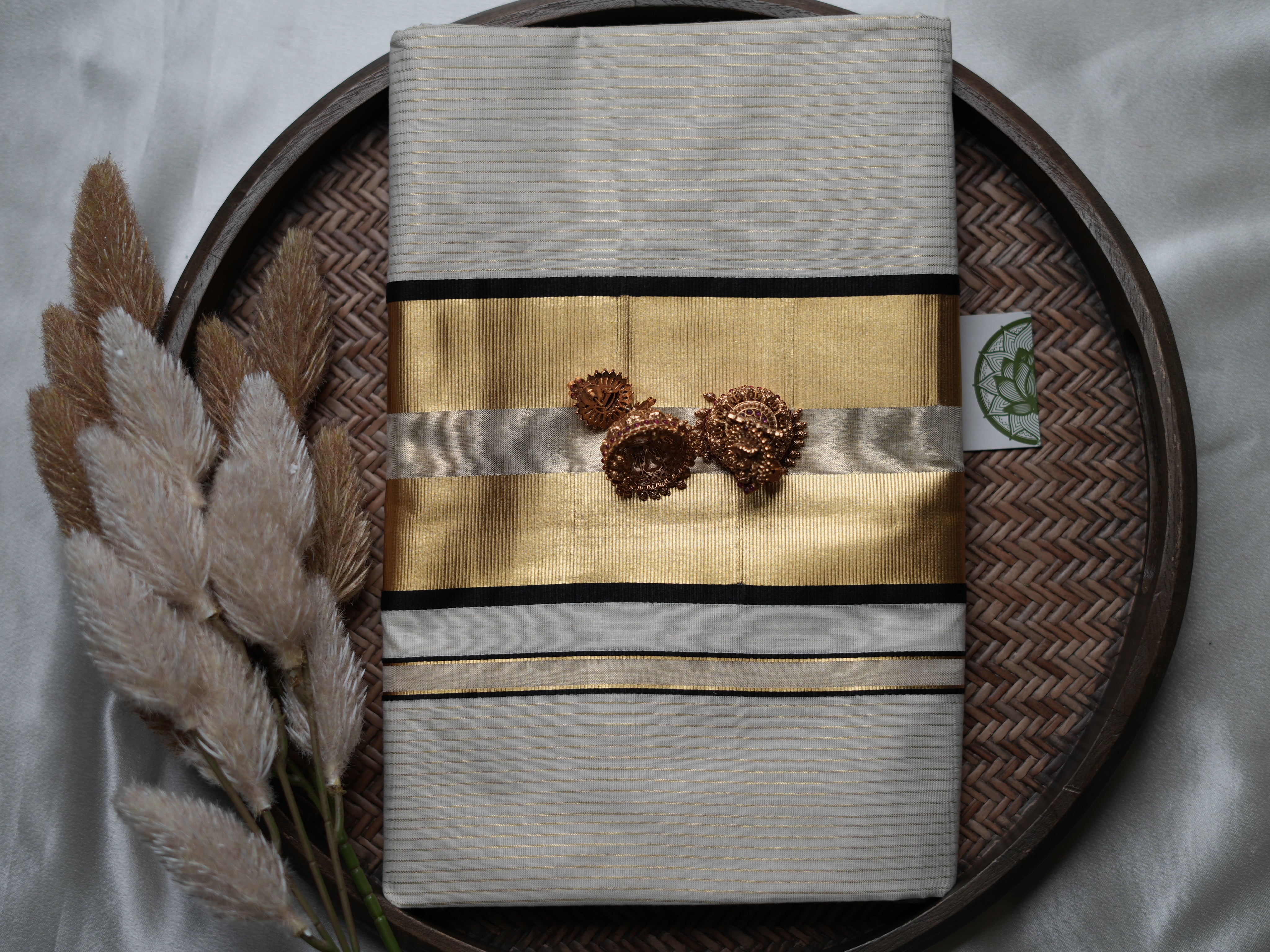 Classic Cotton Kerala Saree with Black & Gold Accents